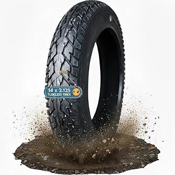 14x2.125 Tubeless Tire, 14 x 2.125 8PR Nylon Structure Bicycle Neumatico, Puncture Proof, Anti-Slip Tread, Max 300kPa, With Angled Valve Fit Tubeless Ri_m Only