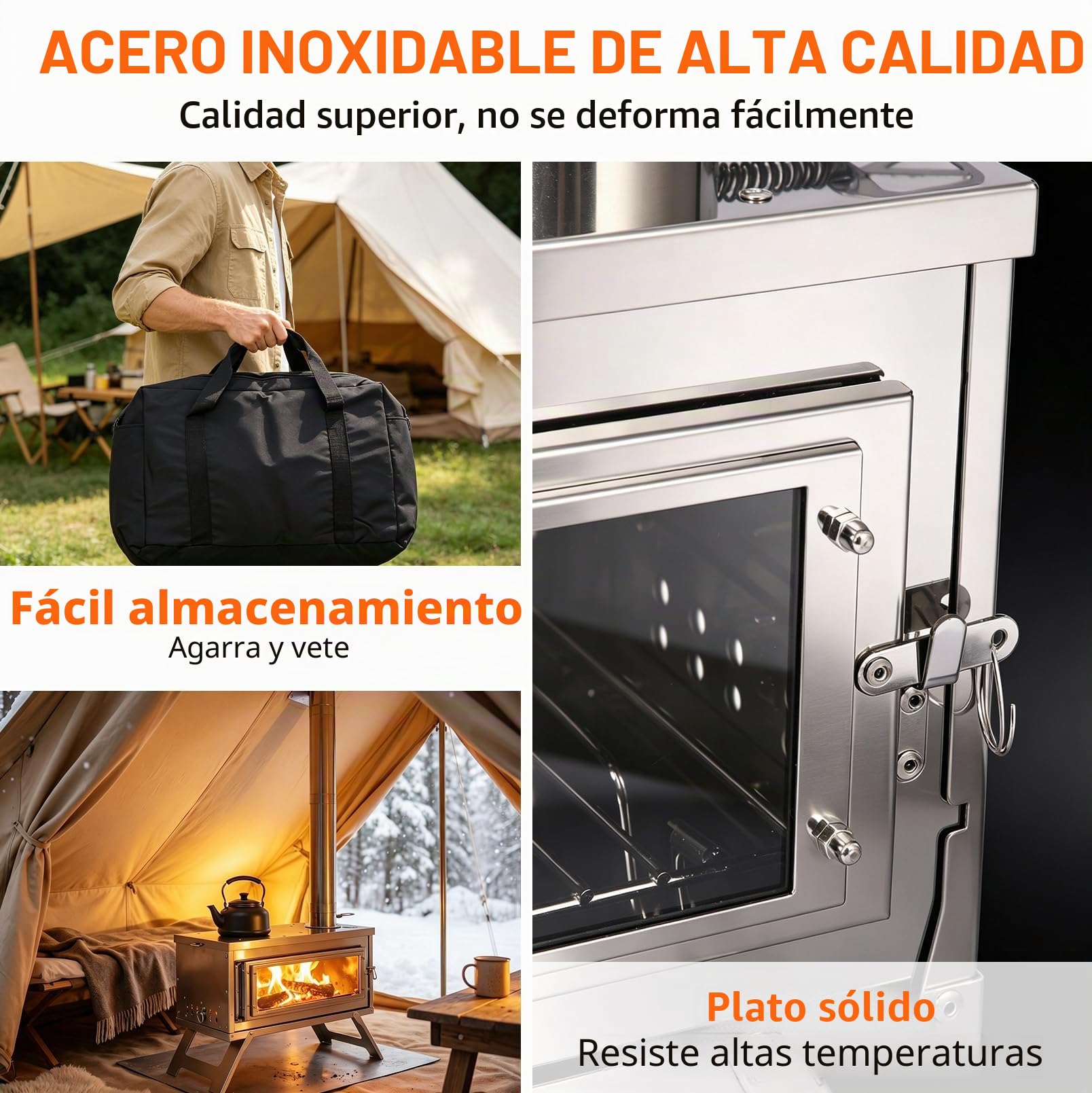 Camp Fire - Estufa de tienda de campaña de acero inoxidable con chimenea, estufa de leña portátil con bolsa de transporte y rejilla para cenizas, cocina de leña resistente a altas temperaturas para