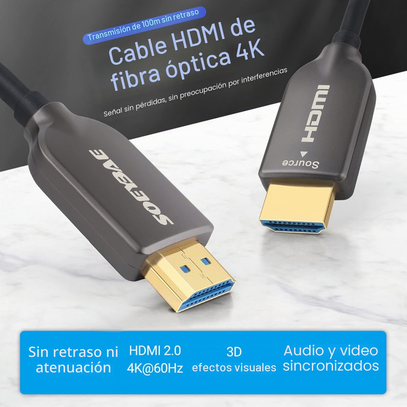 SOEYBAE Cable HDMI de Fibra Óptica 50M HDMI 2.0 4k@60Hz HDR 4:4:4, Ultra HD de Alta Velocidad 18Gbps, 3D, ARC, HDCP 2.2