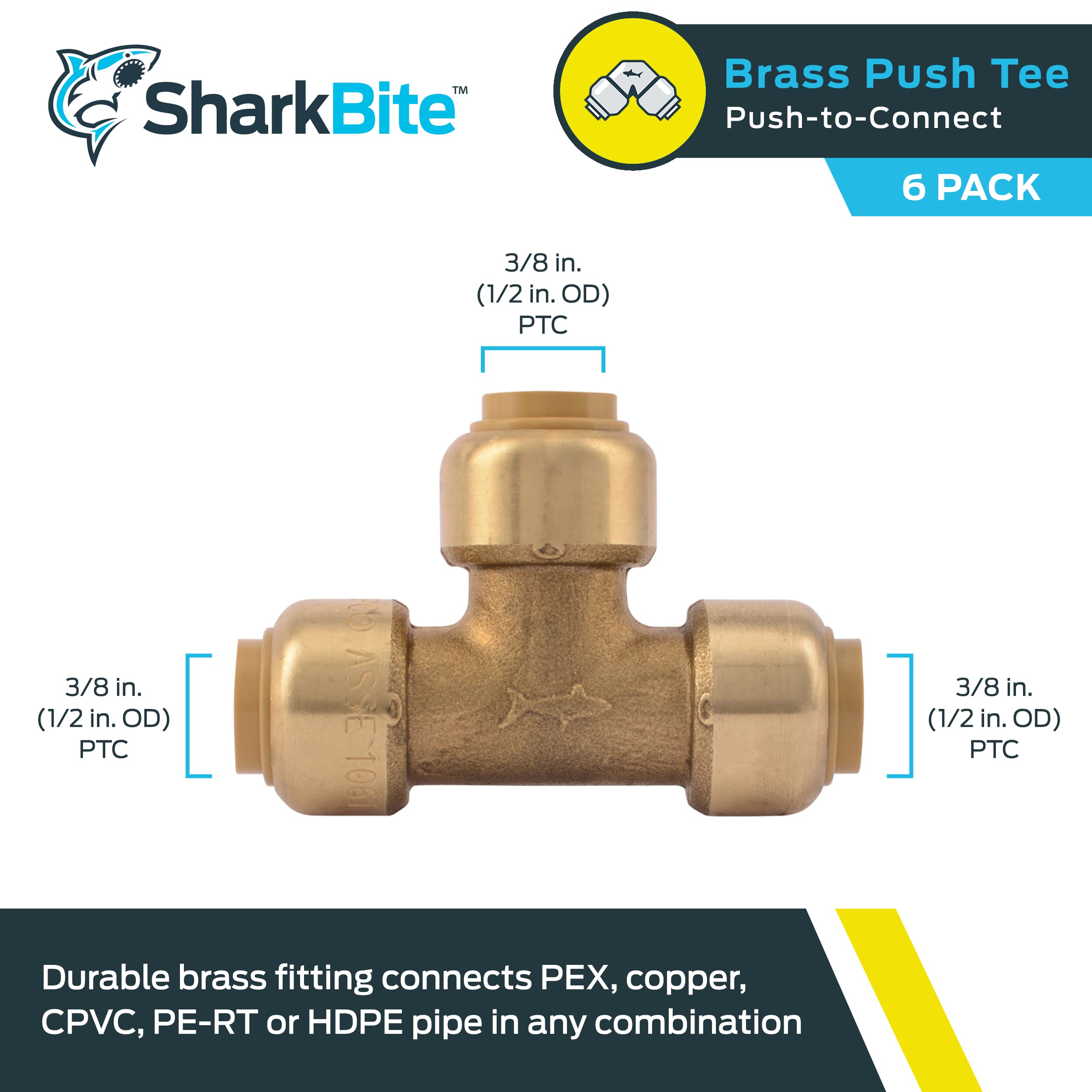 SharkBite T de 3/8 pulgadas (1/2 pulgada de diámetro exterior), paquete de 6, accesorio de fontanería de latón a presión, tubo PEX, cobre, CPVC, PE-RT, HDPE, U360LF