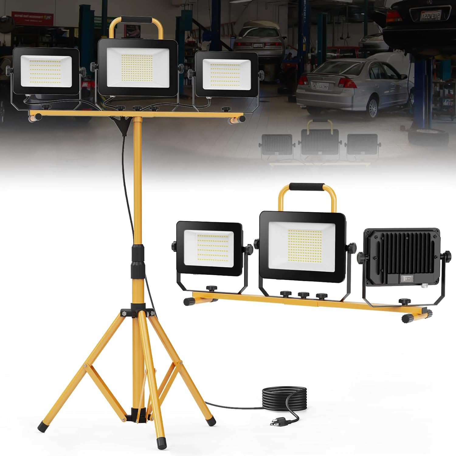 HYPERLITE 3-Head LED Work Light with Stand, fully assembled.