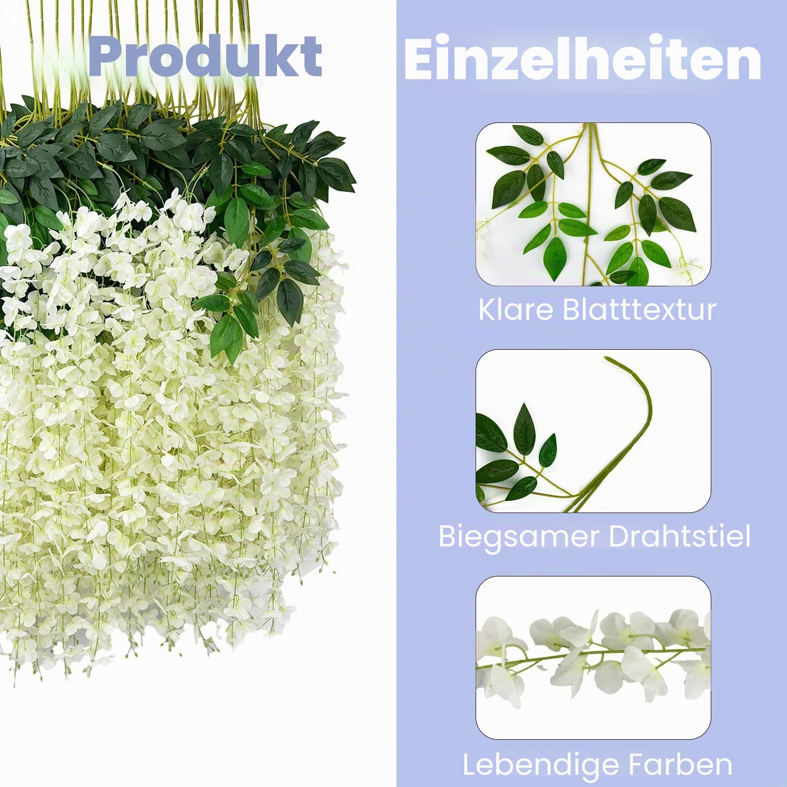 BIRDDIE 48 Stück Künstliche Glyzinien Hängende Blumen Kunstblumen Hängend Wie Echt Künstlich Hängeblumen für Outdoor Draußen Balkon Garten Hochzeit