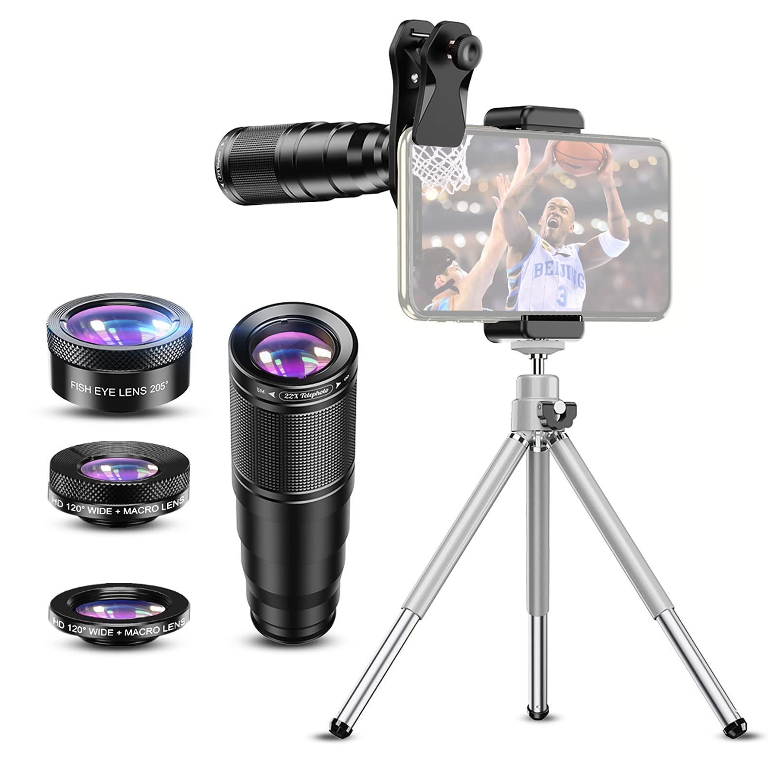 Phone Lens, APL-22X105-4IN1 Metal Phone Camera Lens 22X Telephoto Lens Fisheye Lens Wide Angle Lens Macro Lens Polarization lens with Tripod Phone Camera Lens Clip