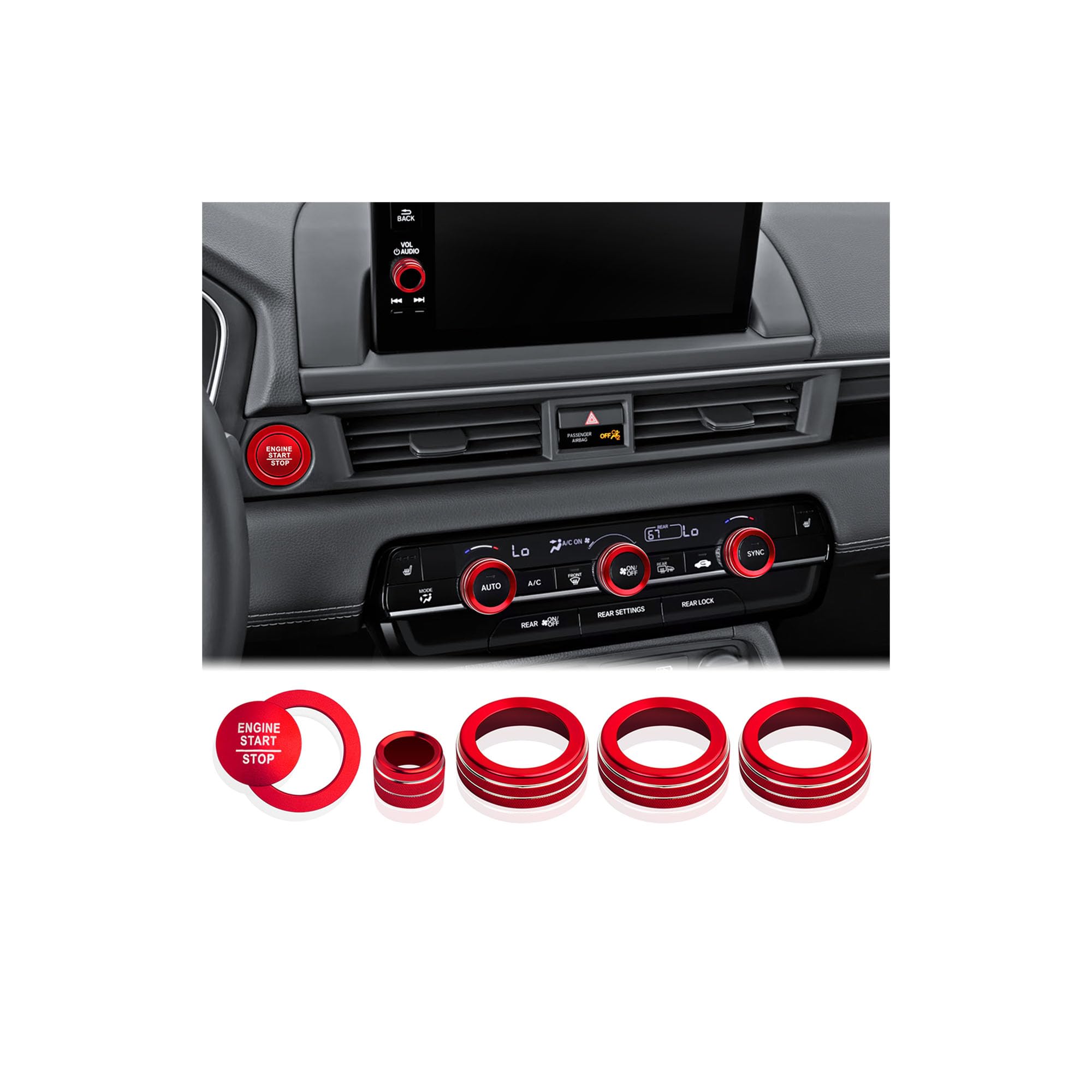 for Honda Pilot Accessories 2023-2025, 6pcs Aluminum Alloy Trim Knob Covers Kit - Push Start, Air Conditioning &amp; Volume Tune (Red)