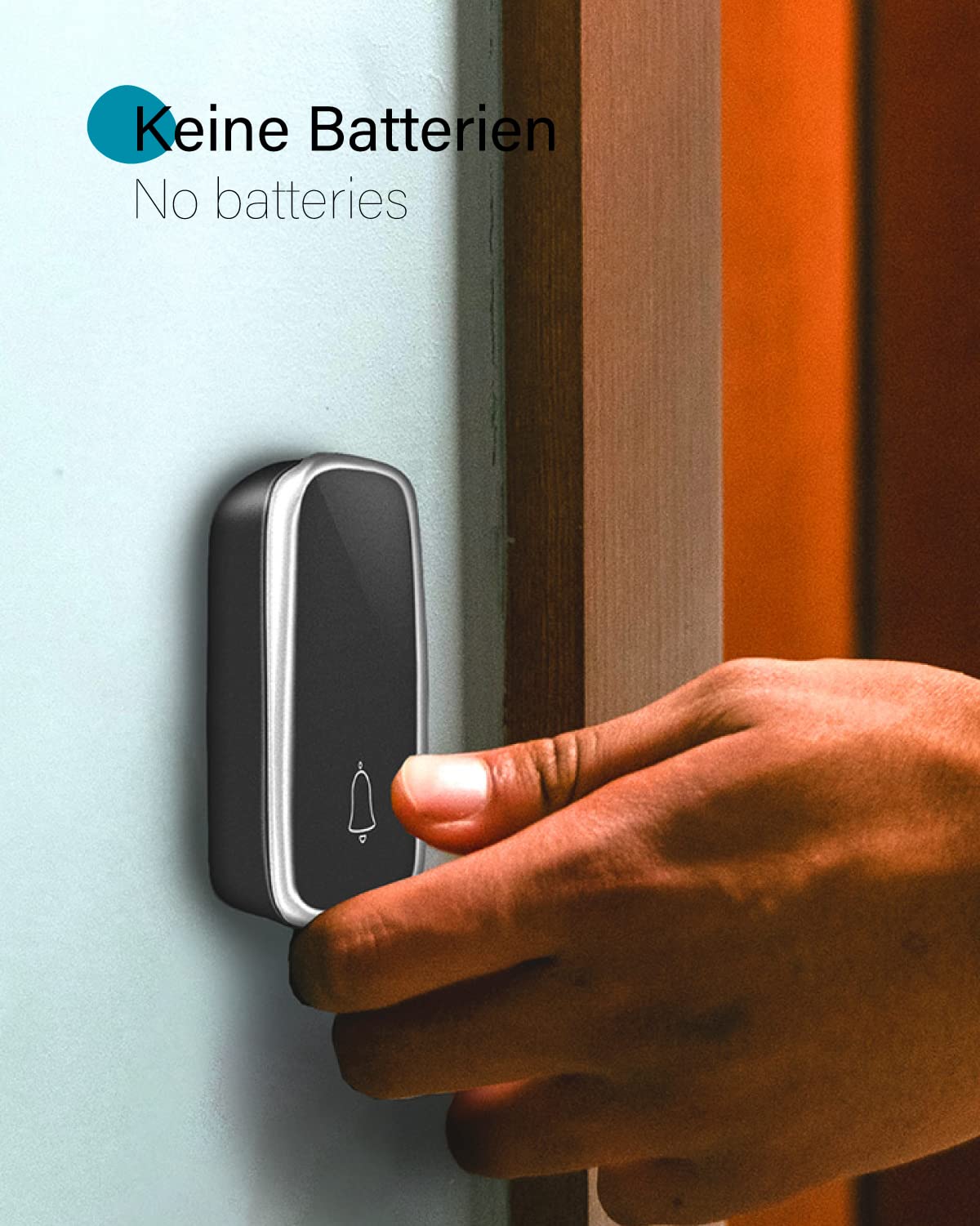 Funkklingel. Kabellos, keine Batterien notwendig, bereits gekoppelt und sofort einsetzbar. Bis zu 150 Meter Reichweite.