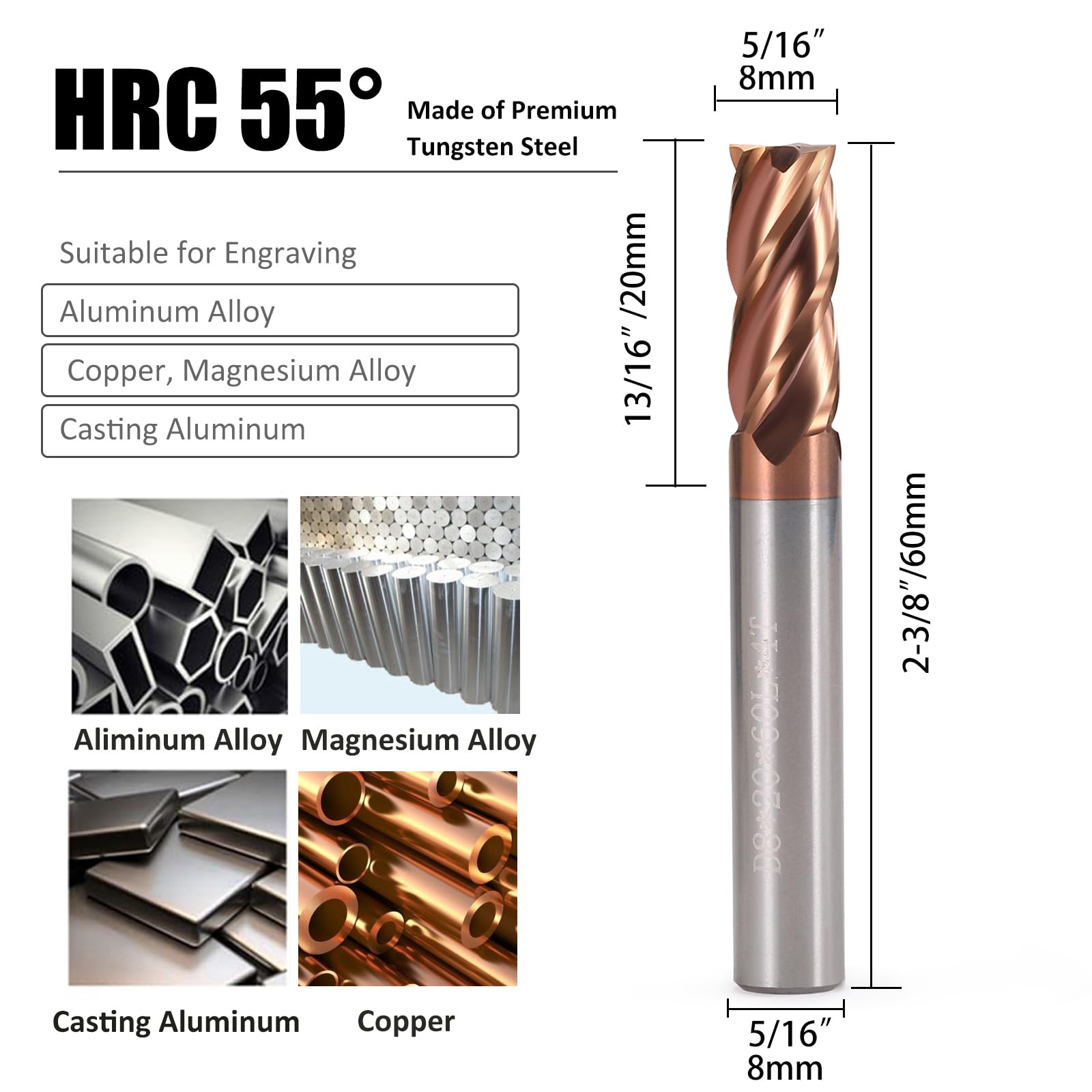 Snapklik.com : 4 Flutes Carbide Square Nose End Mill, 5/16 Shank,5/16 ...