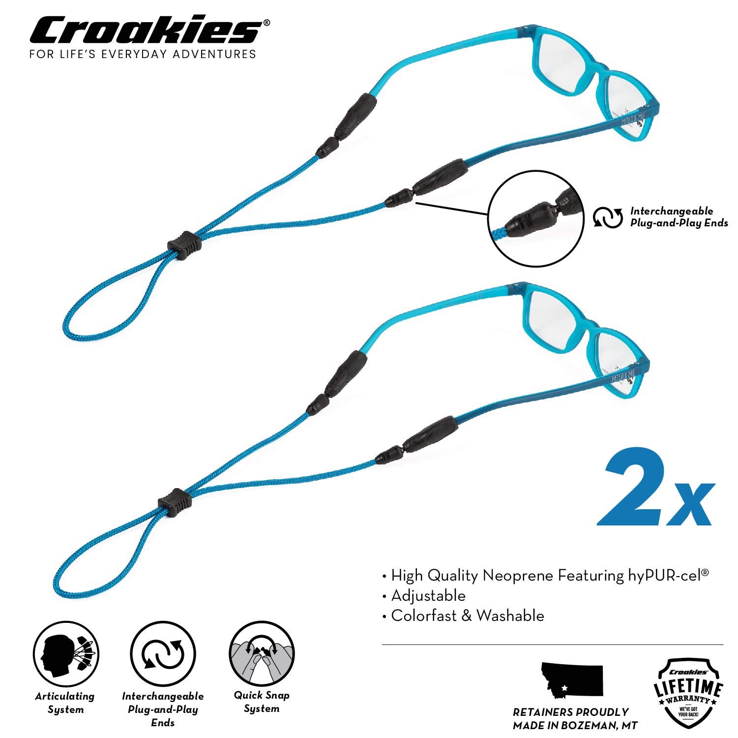 Croakies Kids Terra System verstellbarer Brillenhalter, Royal, 2 Stück