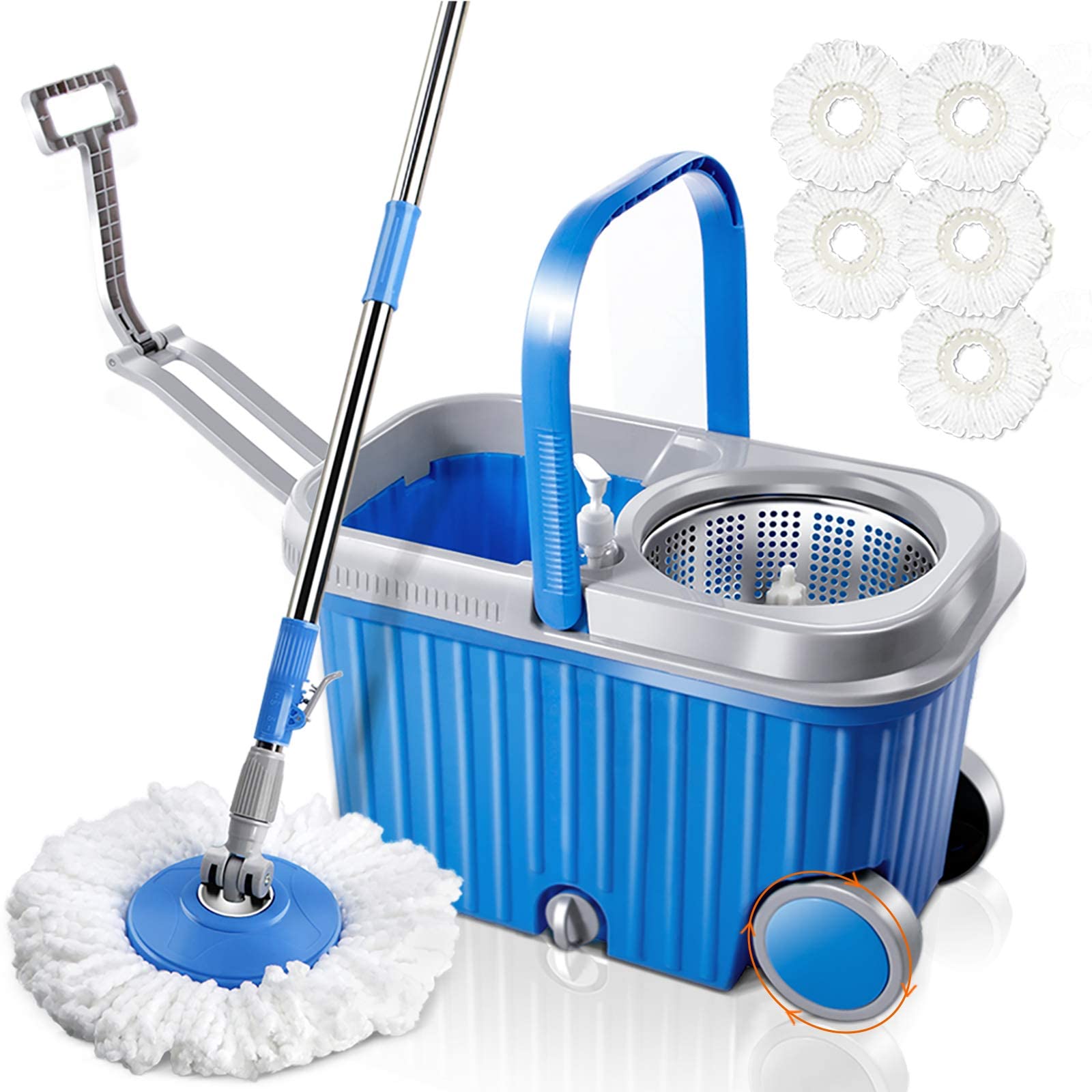 Photo 1 of Masthome Spin Mop and Bucket with Wringer Set, Mop Bucket System with 5 Microfiber Mop Heads, 1 Detergent Dispenser & 2 Wheels, Easy Wring Spin Mop or Hardwood, Laminate, Tile Floor Cleaning Spin Mop and Bucket Set-Blue