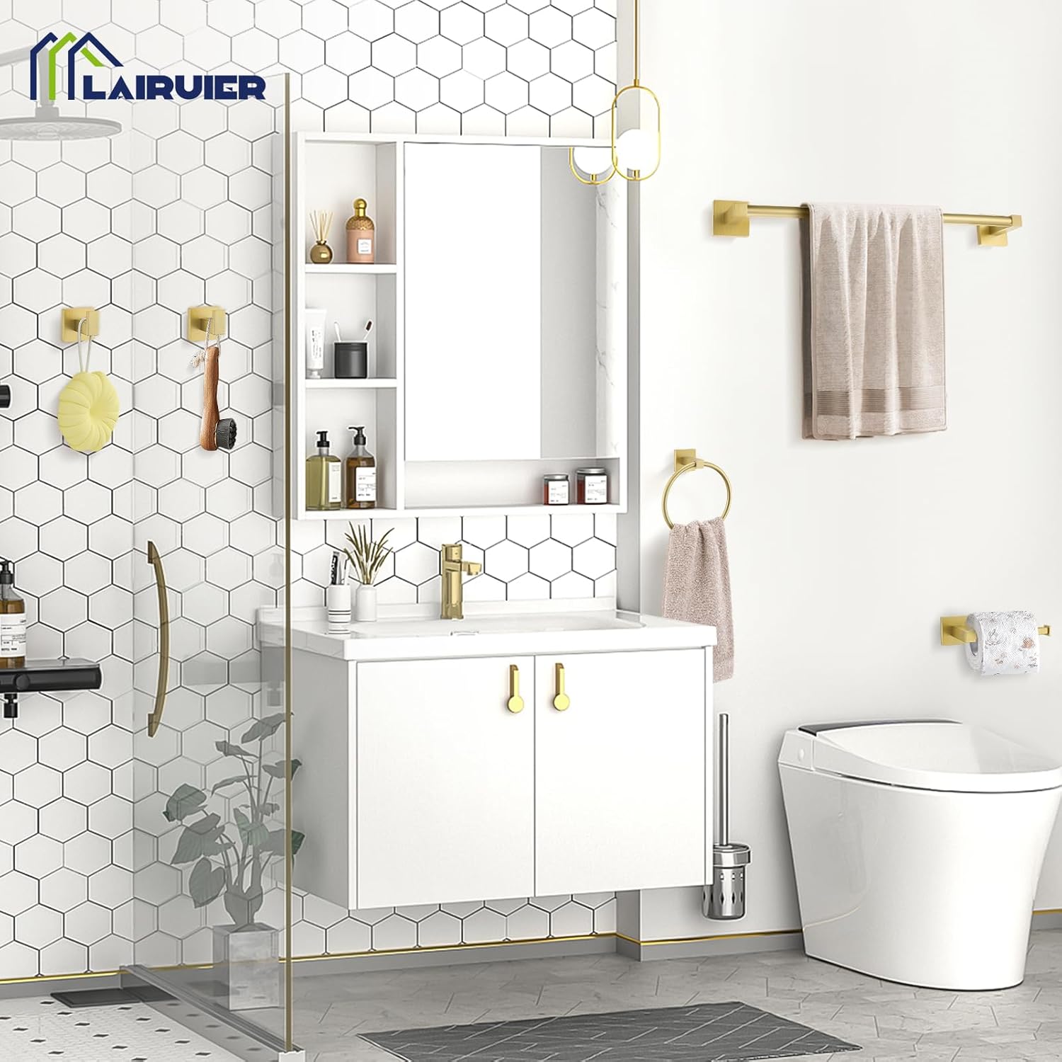 5-Piece Bathroom Hardware Set Brushed Gold Bathroom Hardware Accessories Set Upgraded Toilet Paper Holder with Shelf Towel Holder Set for Bathroom Stainless Steel Wall Mounted