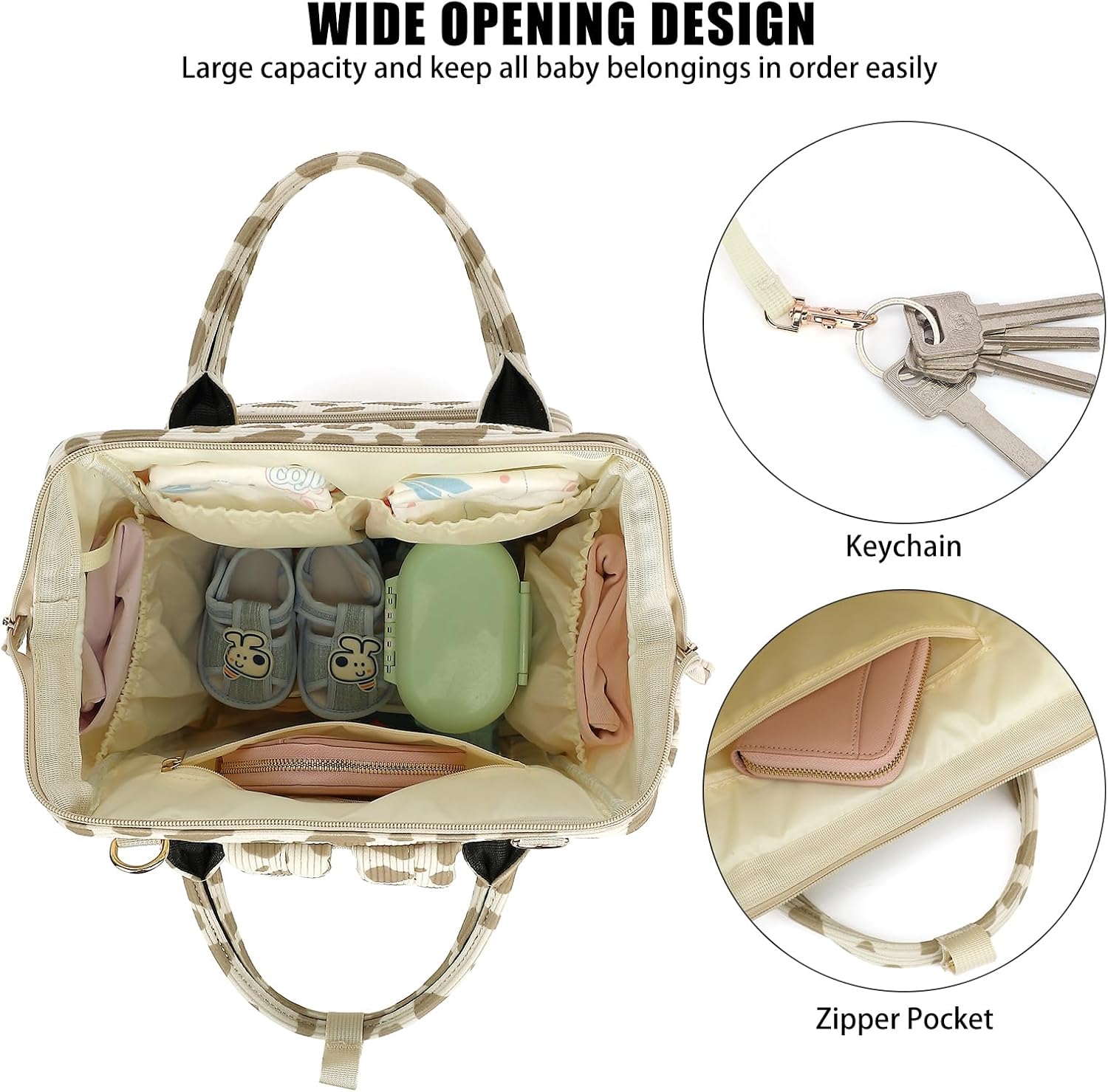 Corduroy Diaper Bag Backpack for Women, Large Capacity Baby Bag for Mom and Girls Boys with Stroller Straps (Cow Print Khaki)