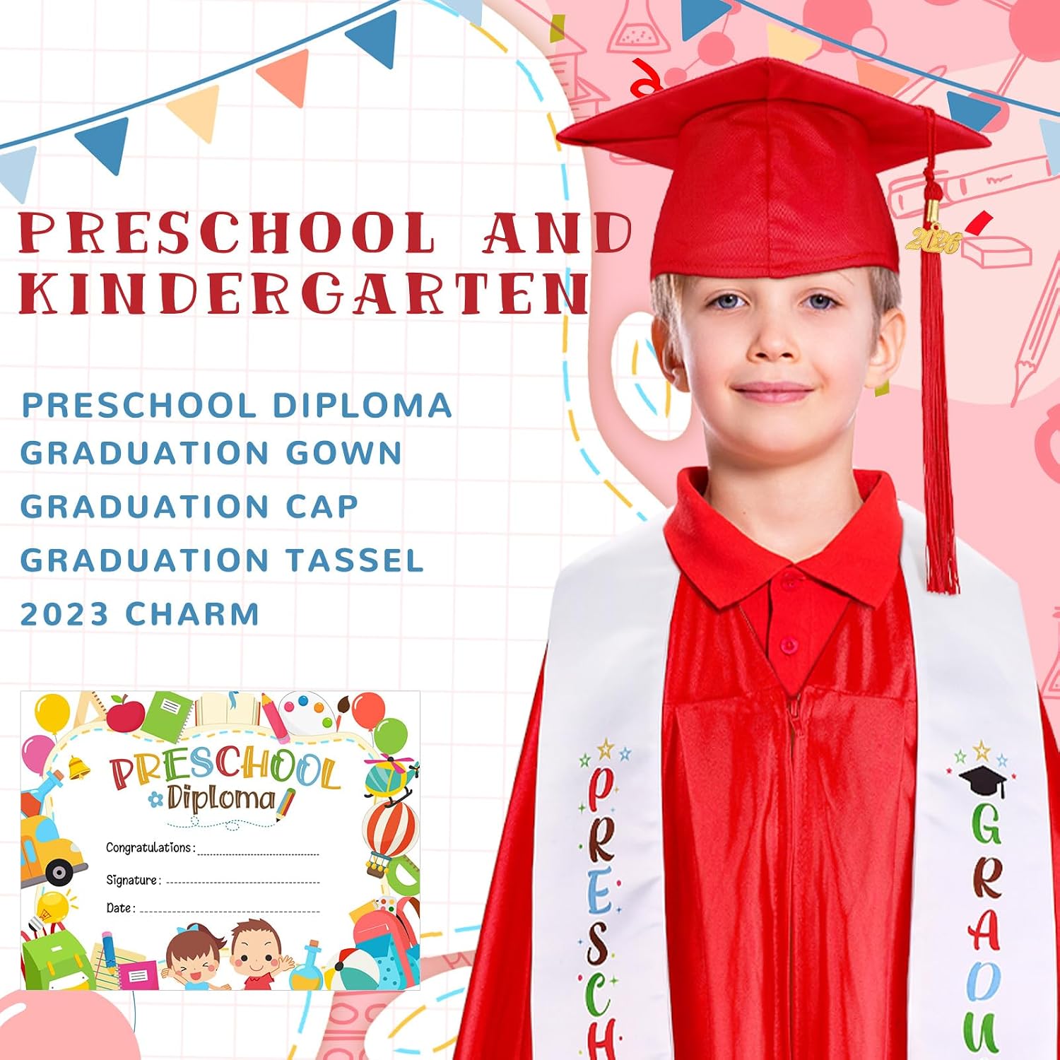 Sureio 6 Pcs Kindergarten Preschool Graduation Cap and Gown 2026 Tassel Stole Certificate for Toddler Kids