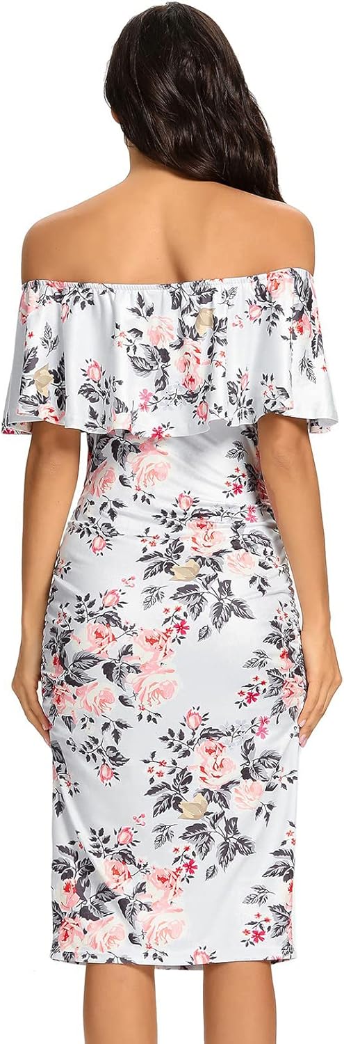 Jezero Women's Maternity Dress Off Shoulder Ruffle Sleeveless Bodycon Dress for Baby Shower - Image 6