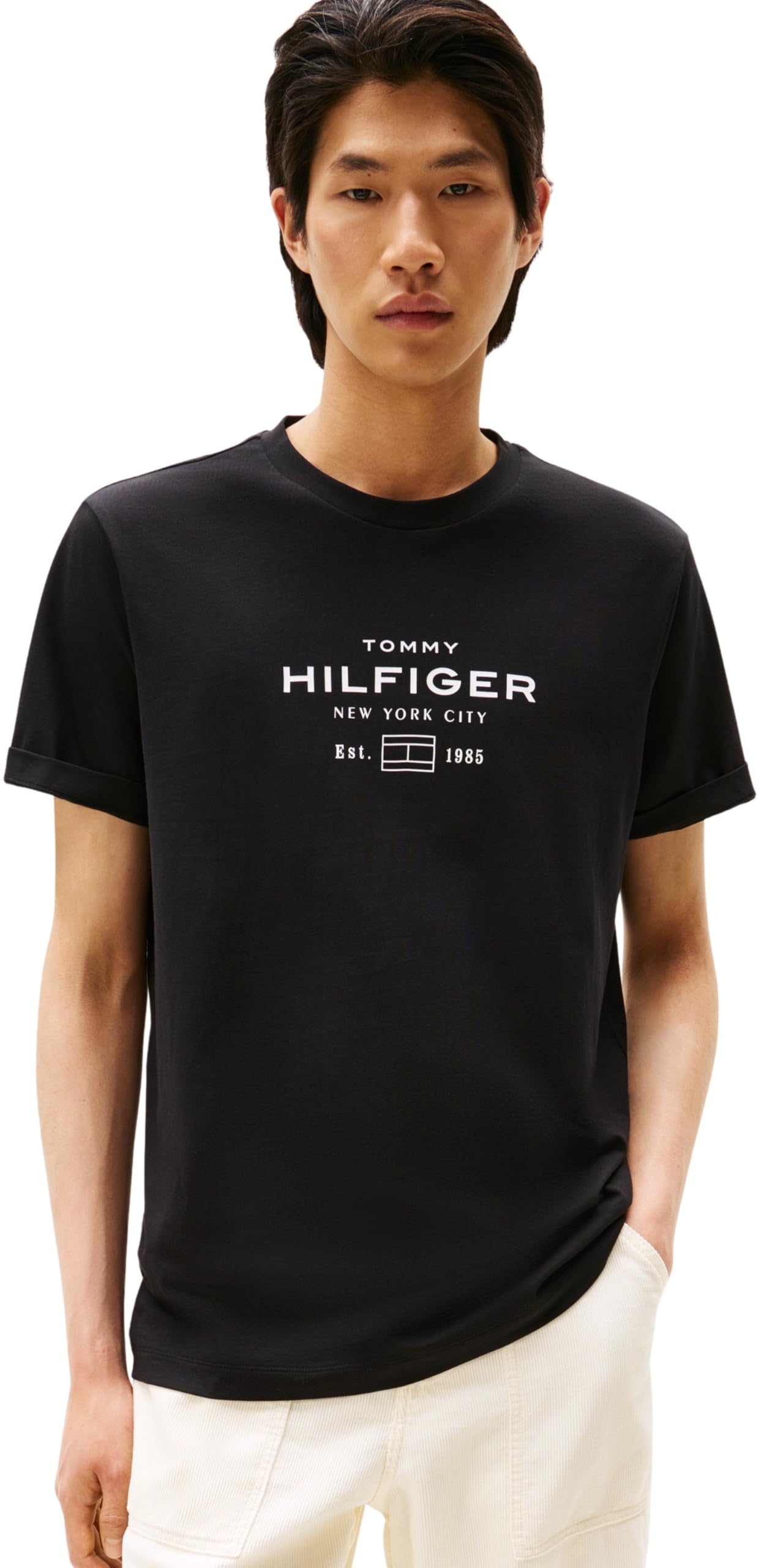 Tommy Hilfiger Men’s Short Sleeve Round Neck Stack Graphic T-Shirt, Black (Black), XS