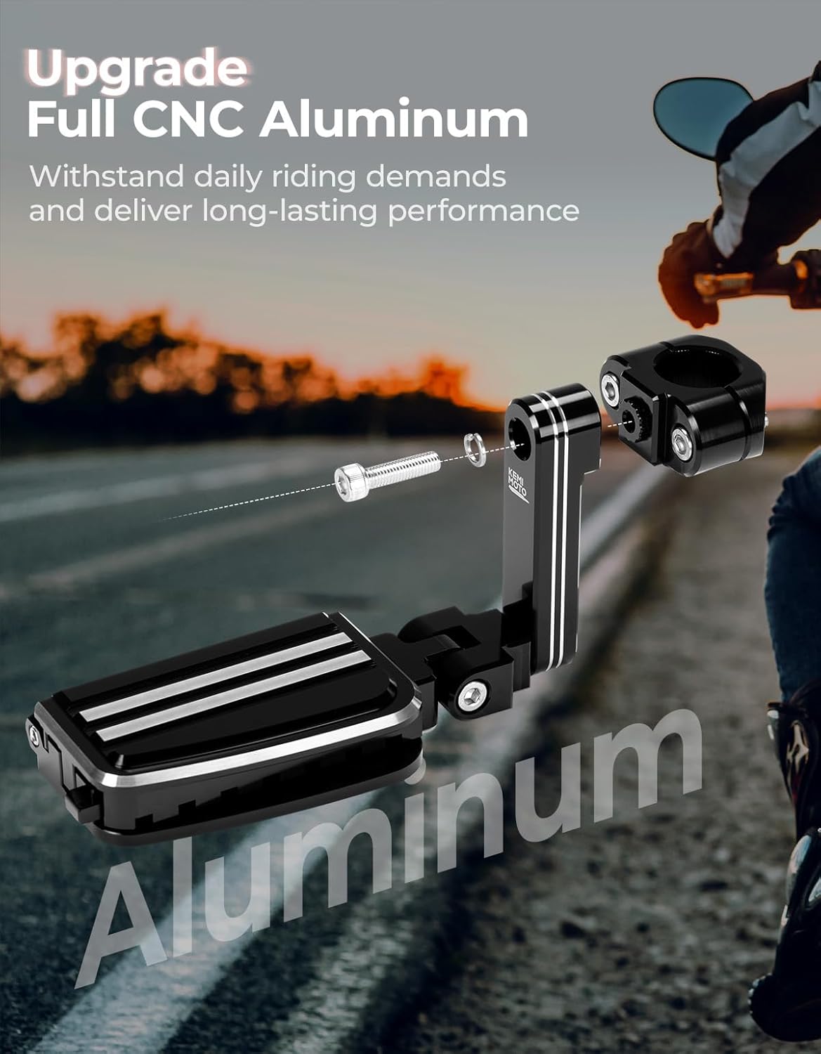 KEMIMOTO CNC Aluminum Highway Pegs with Expandable Heel Rests 1.25" Highway Long Angled Pegs Adjustable Fit for Street Glide Road King Road Glide Softail Dyna Sportster 1-1/4" Engine Guard Black