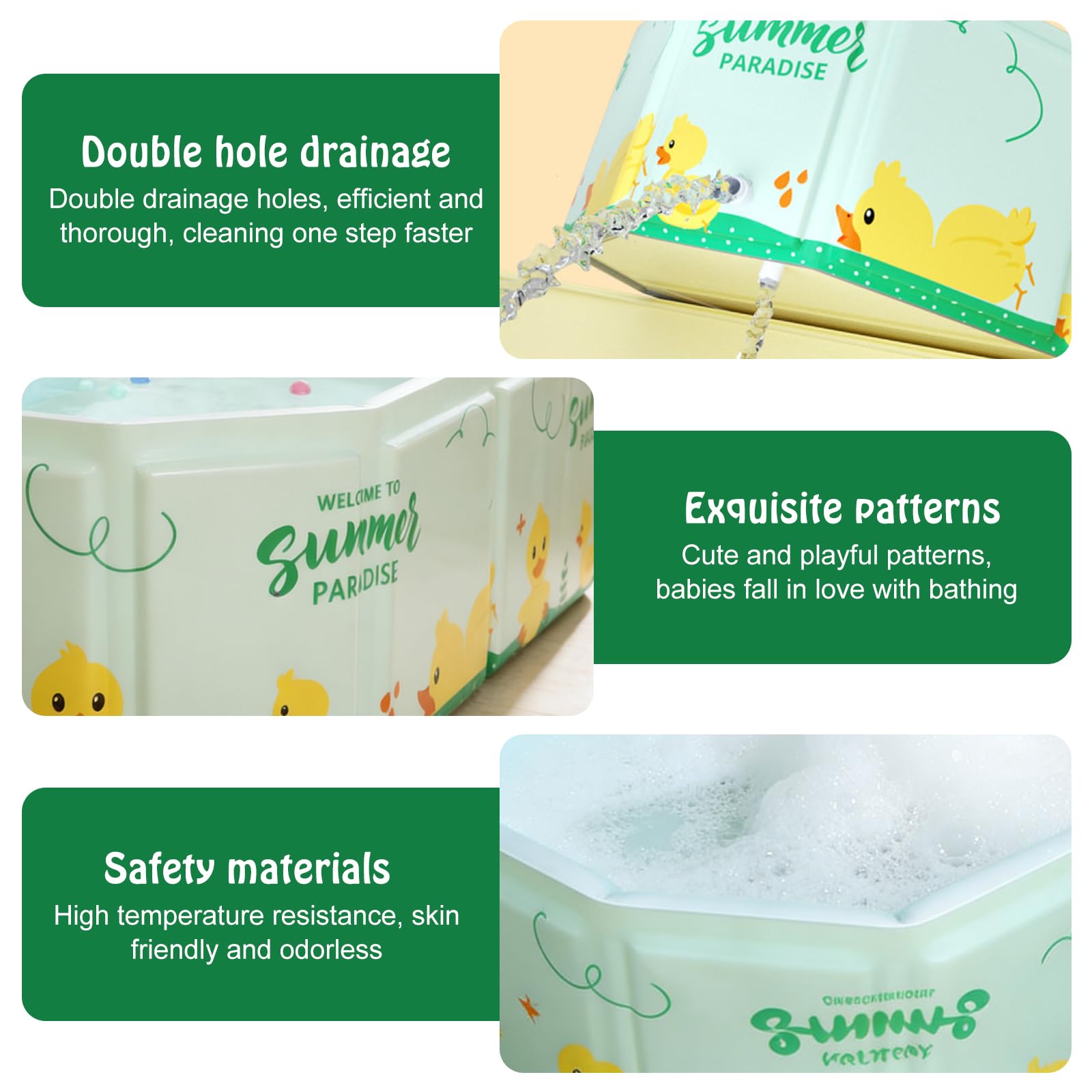 78 x 45 x 30 cm, vasca da bagno pieghevole per bambini: verde menta, grande vasca da bagno con 5 palline oceaniche e 4 anatre giocattolo da 0 a 8 anni, integrata