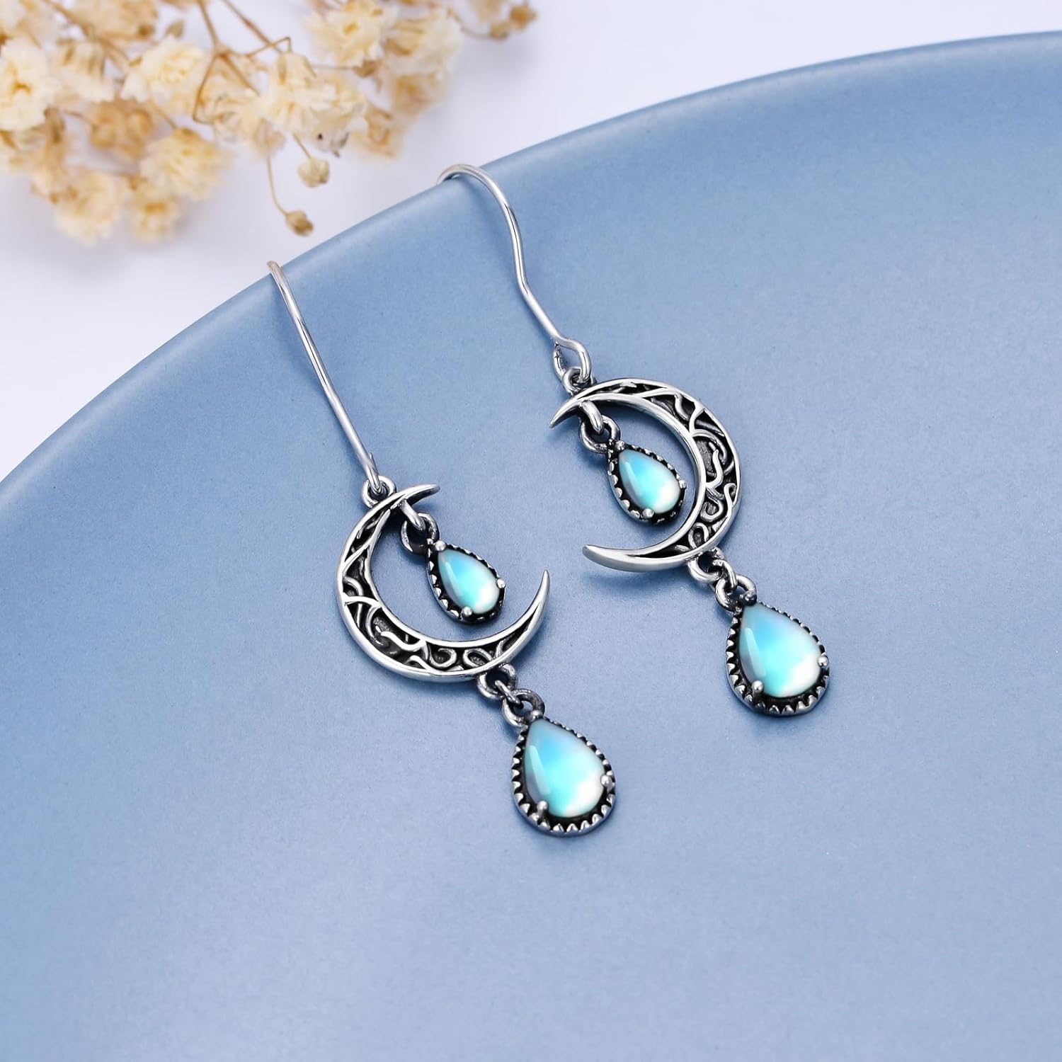 VONALA Moon Earrings for Women 925 Sterling Silver Celtic Moon Dangle Drop Earrings Emerald / Amethyst / Ruby / Sapphire/ Pink / Peridot / Aquamarine / Citrine / Black / Rainbow Topaz Dangling Earrings Celtic Jewelry Gifts for Women - Image 3