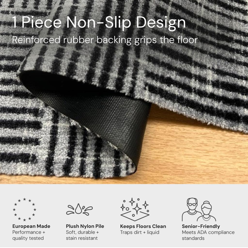 Wash + Dry Rustic One-Piece Washable Runner with Rubber Backing, Indoor Rug Runner for Hallway, Entryway, Kitchen, Non-Slip Area Rug, Kid Friendly and Pet Friendly, Gray, Black and White, 27.5" x 75"