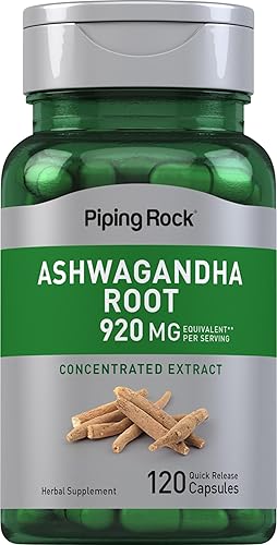 Piping Rock Extracto de raíz de ashwagandha | 120 cápsulas | Suplemento de hierbas para hombres y mujeres | Sin OMG, sin gluten