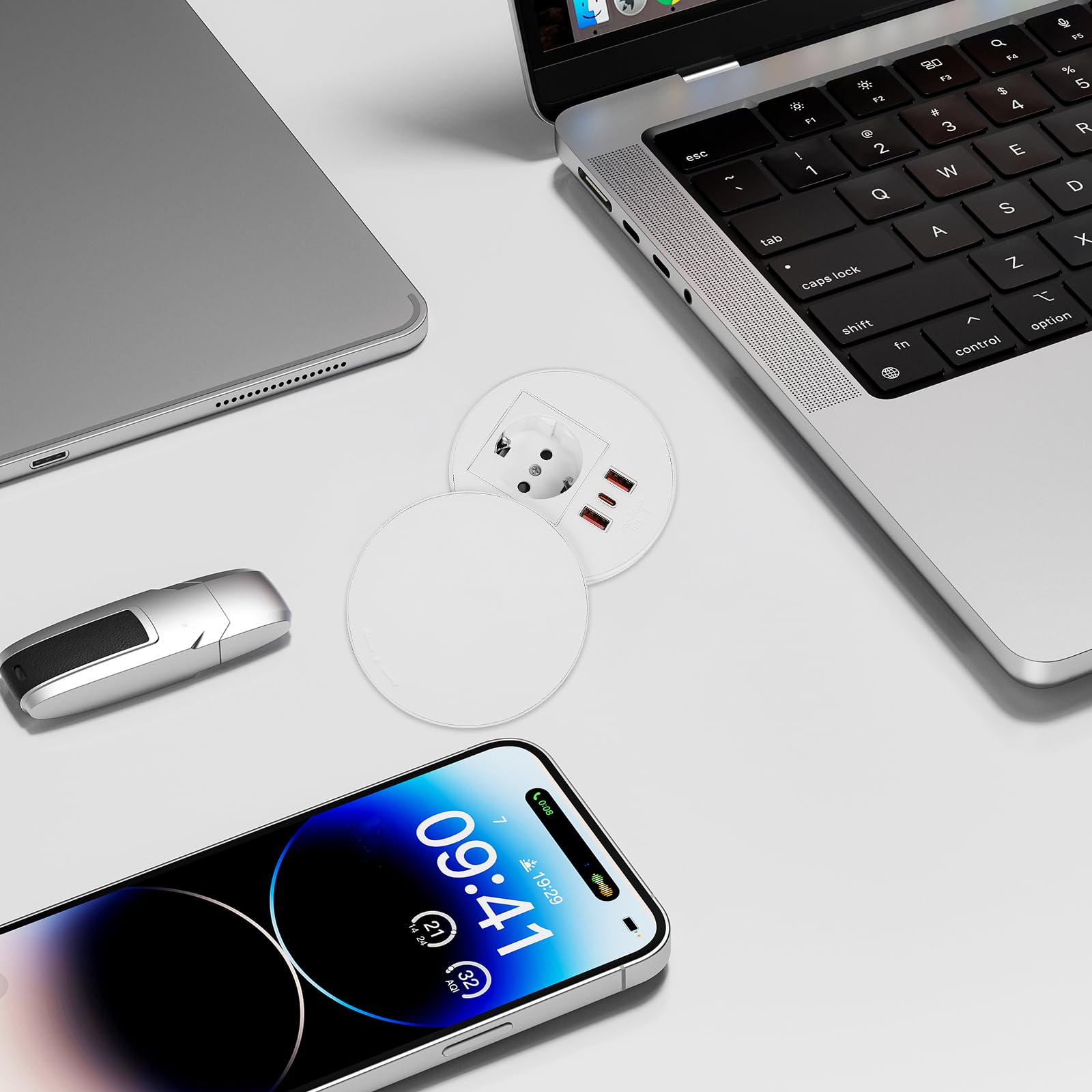Presa da incasso con coperchio, presa da tavolo con 1 Schuko e 1 connettore USB-A e 1 connettore USB-C e cavo di alimentazione da 1,5 m, prese per foro da tavolo da 80 mm