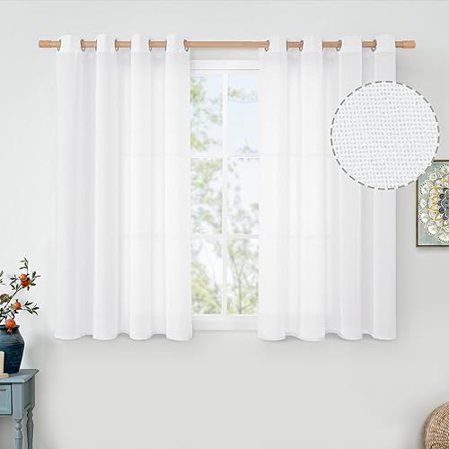Cortinas cortas de lino de 45 pulgadas de largo para filtrar la luz de la ventana del dormitorio, arpillera gruesa, semitransparentes, no se