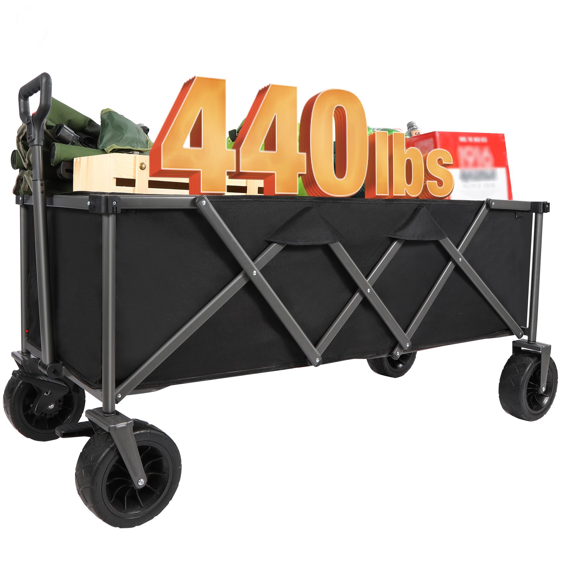 REDCAMP 50" L Extra Long Wagon Heavy Duty, 300L Collapsible Utility Extended Deep Beach Wagon with Side Pocket and Brakes for Camping Shopping