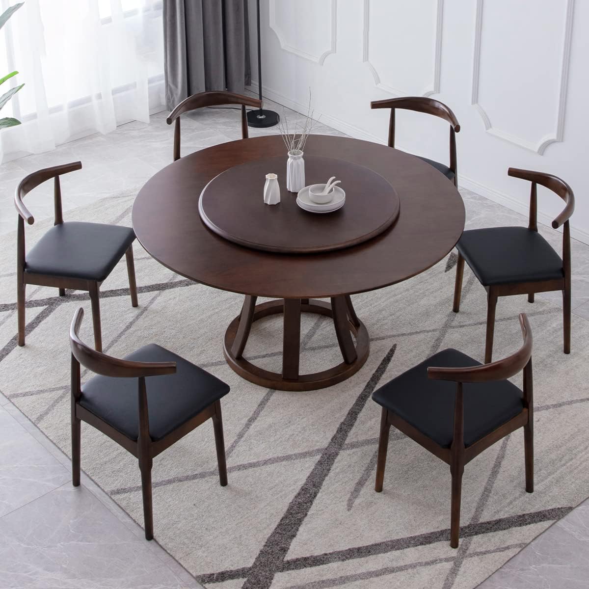 BIGMAII Farmhouse Round Dining Table Brown Rubber Wood Kitchen Table with Wooden