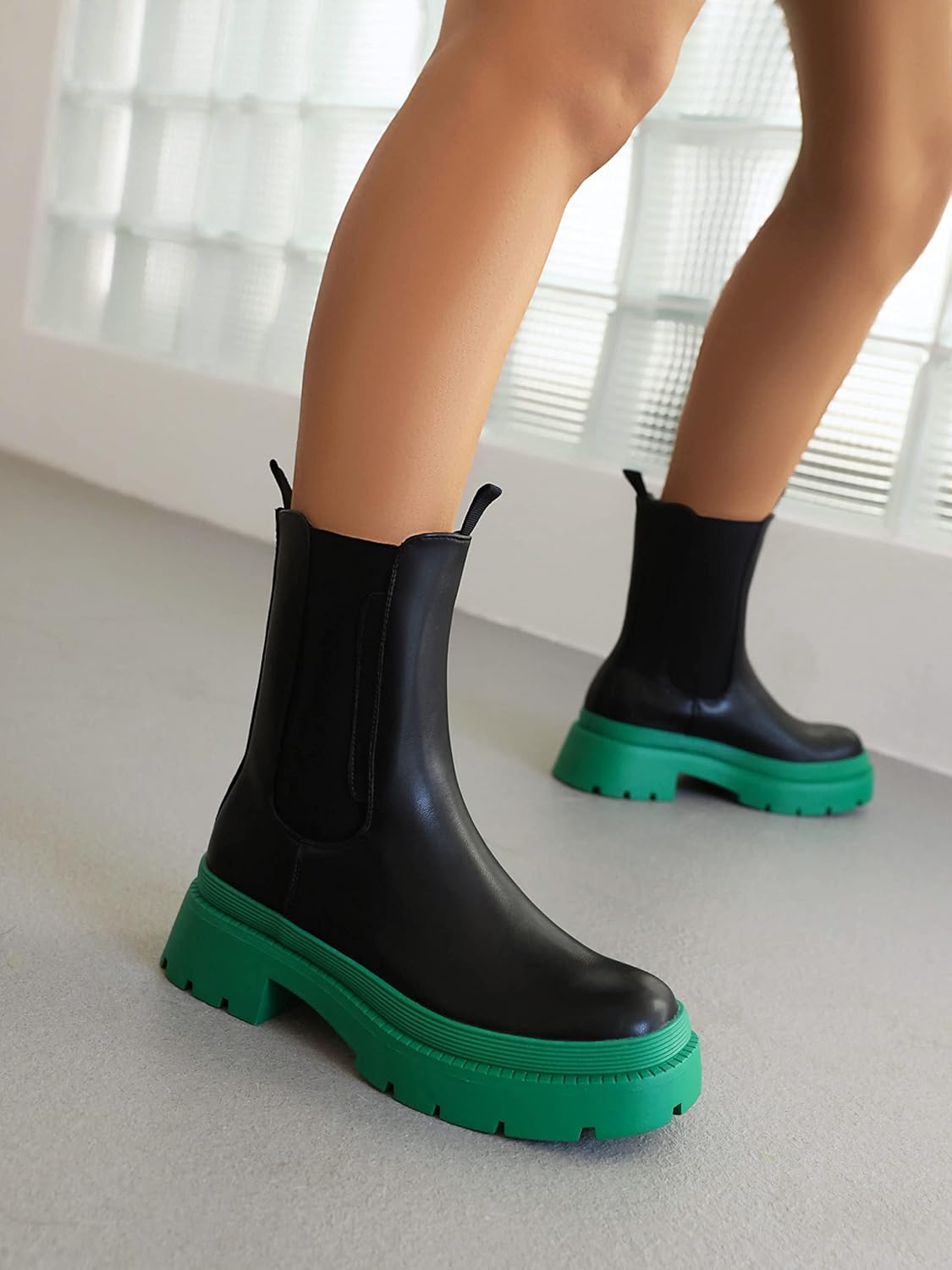 sun gurg Women's Chelsea Ankle Boots Mid-Calf Low Heel Platform Chunky Pull on Booties - Image 5