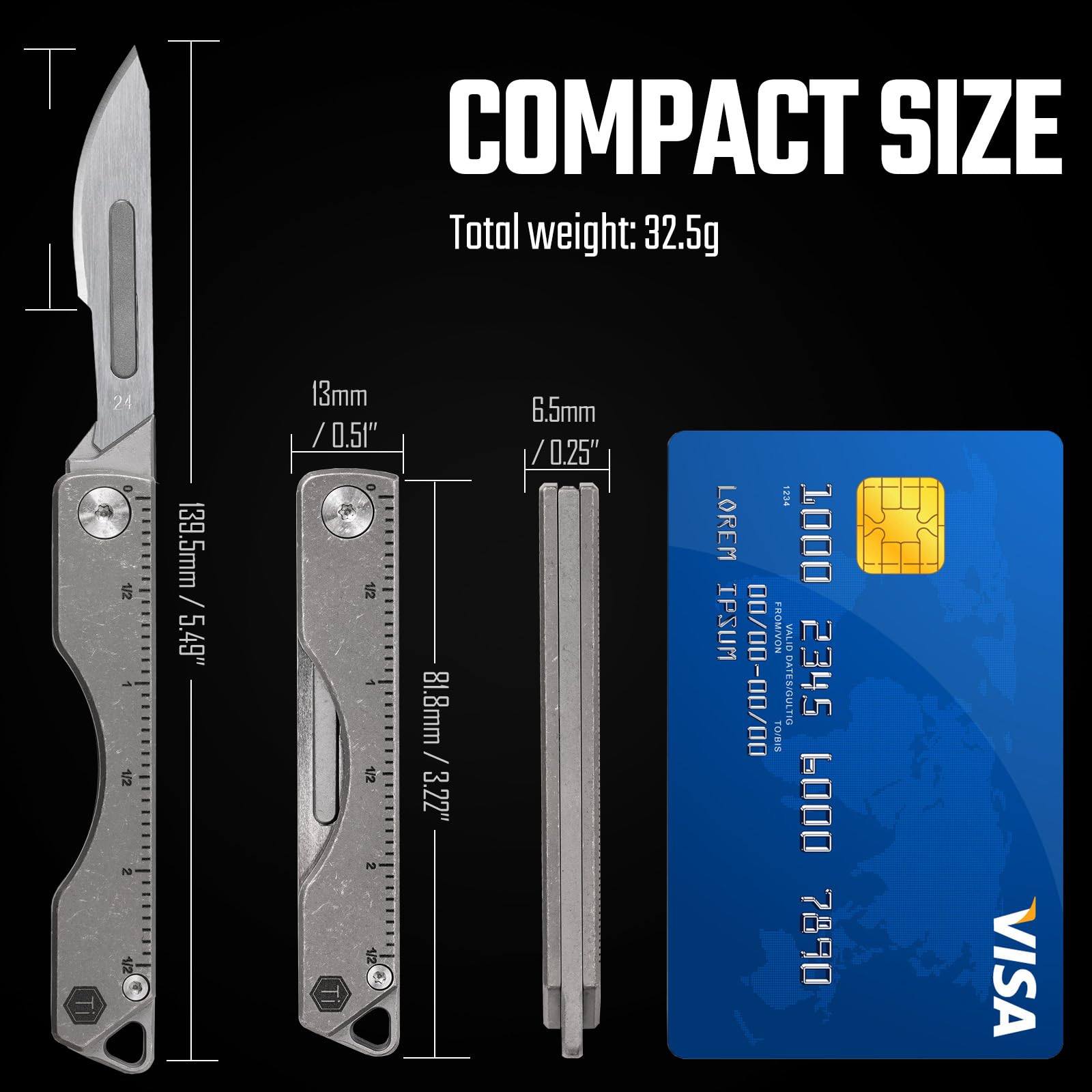 KeyUnity KK01AR Titanium nóż składany, Utility EDC scyzoryk z wymiennym ostrzem #24, do polowania na świeżym powietrzu, na kemping, do wędkowania, wędrówek, dla mężczyzn i kobiet (linijka)