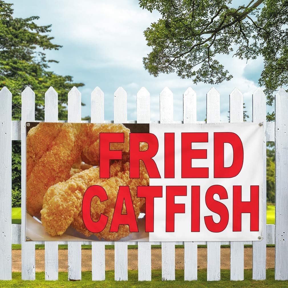 Vinyl Banner Multiple Sizes Fried Catfish Red Food Bar Restaurant Truck Restaurant & Food Outdoor Weatherproof Industrial Yard Signs 4 Grommets 16x40Inches