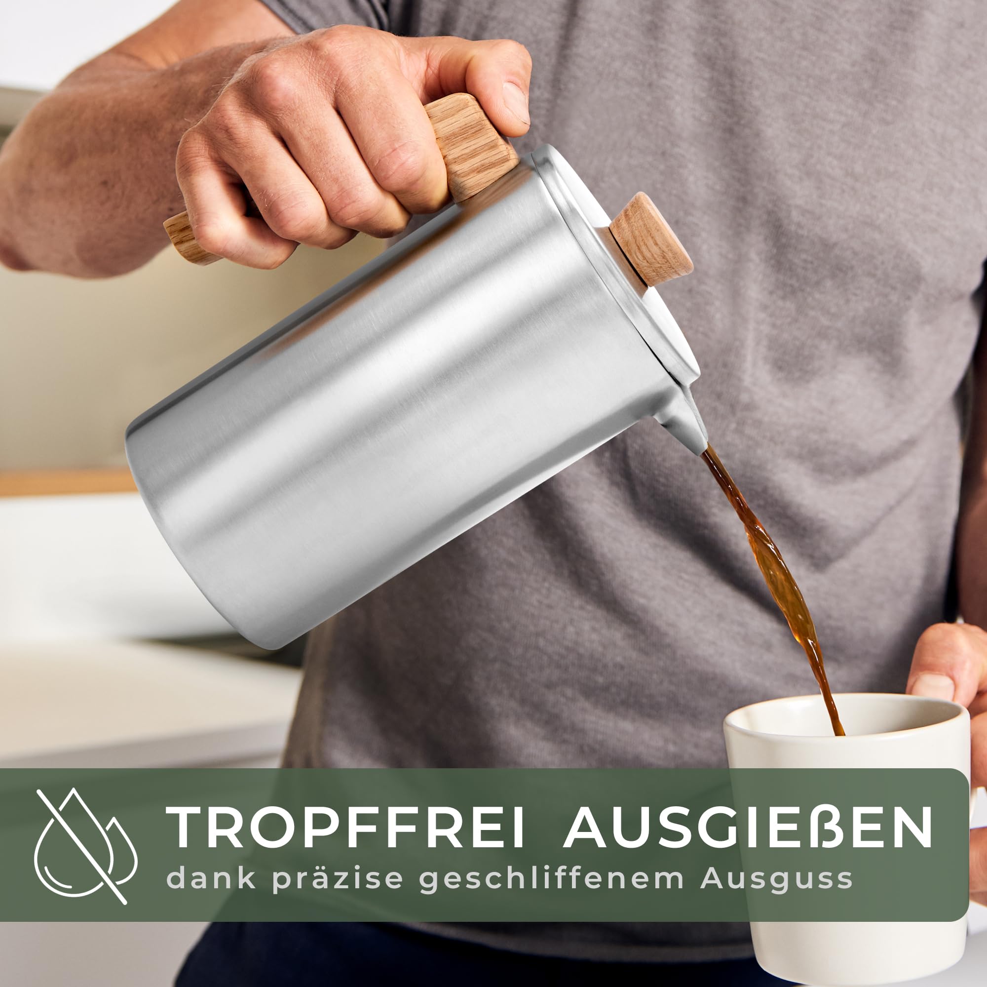 WALDWERK French Press (1L) - Kaffeebereiter aus ​​doppelwandigem Edelstahl mit Holzgriff aus Eichenholz - plastikfreier Kaffeezubereiter