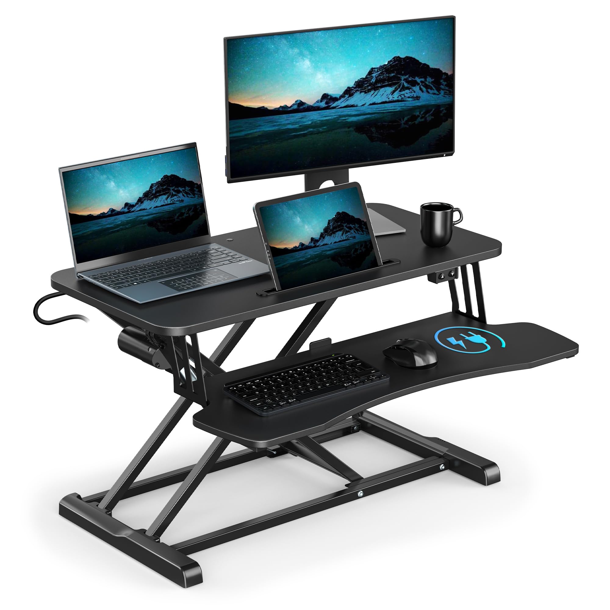 VonHaus Electric Standing Desk Converter, Height Adjustable Two Tier Computer Workstation w/Keyboard Shelf, Dual Monitor Sit Stand Riser w/Controls & Tablet Holder, 80x40cm & 20kg Capacity (Black)