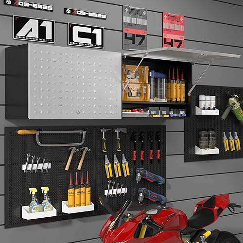 Miniatura 2 de Armario de pared de metal para garaje, armario de almacenamiento montado en la pared con resorte de gas, gabinete de herramientas con cerradura de
