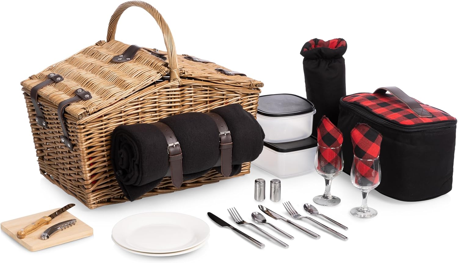 PICNIC TIME Somerset Deluxe Picnic Basket with Picnic Blanket, Soft Cooler and Wine Bag - Picnic Set 2 - Romantic Picnic Wine Basket, (Red & Black Buffalo Plaid Pattern)