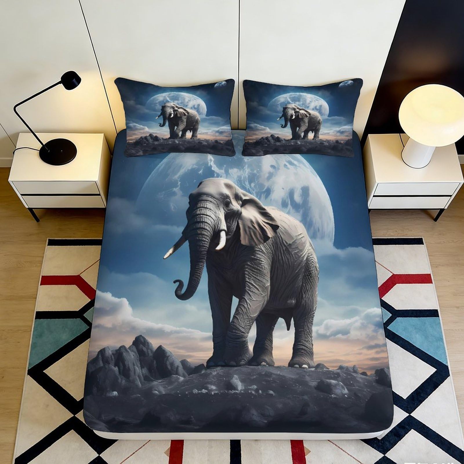 3D Printed Elephant Moon Fitted Sheet Microfiber Soft Anti-Slip Bed Cover for Bedroom Dorm Mattress Decor 120x200cm 120x200x25cm