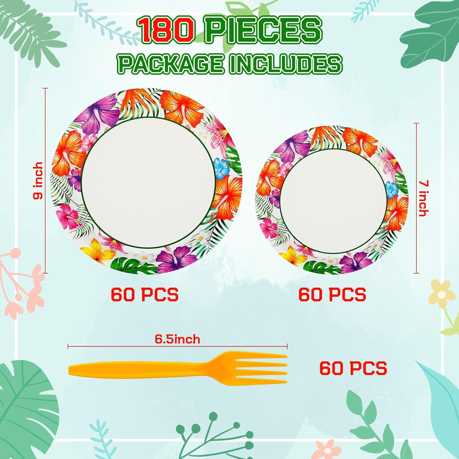 180 Pcs Summer Hawaii Paper Plates and Forks Beach Party Supplies 9'' Disposable Plates 7'' Paper Snack Plates Plastic Forks for Kids Birthday Hawaiian Beach Party Decorations, Serves 60