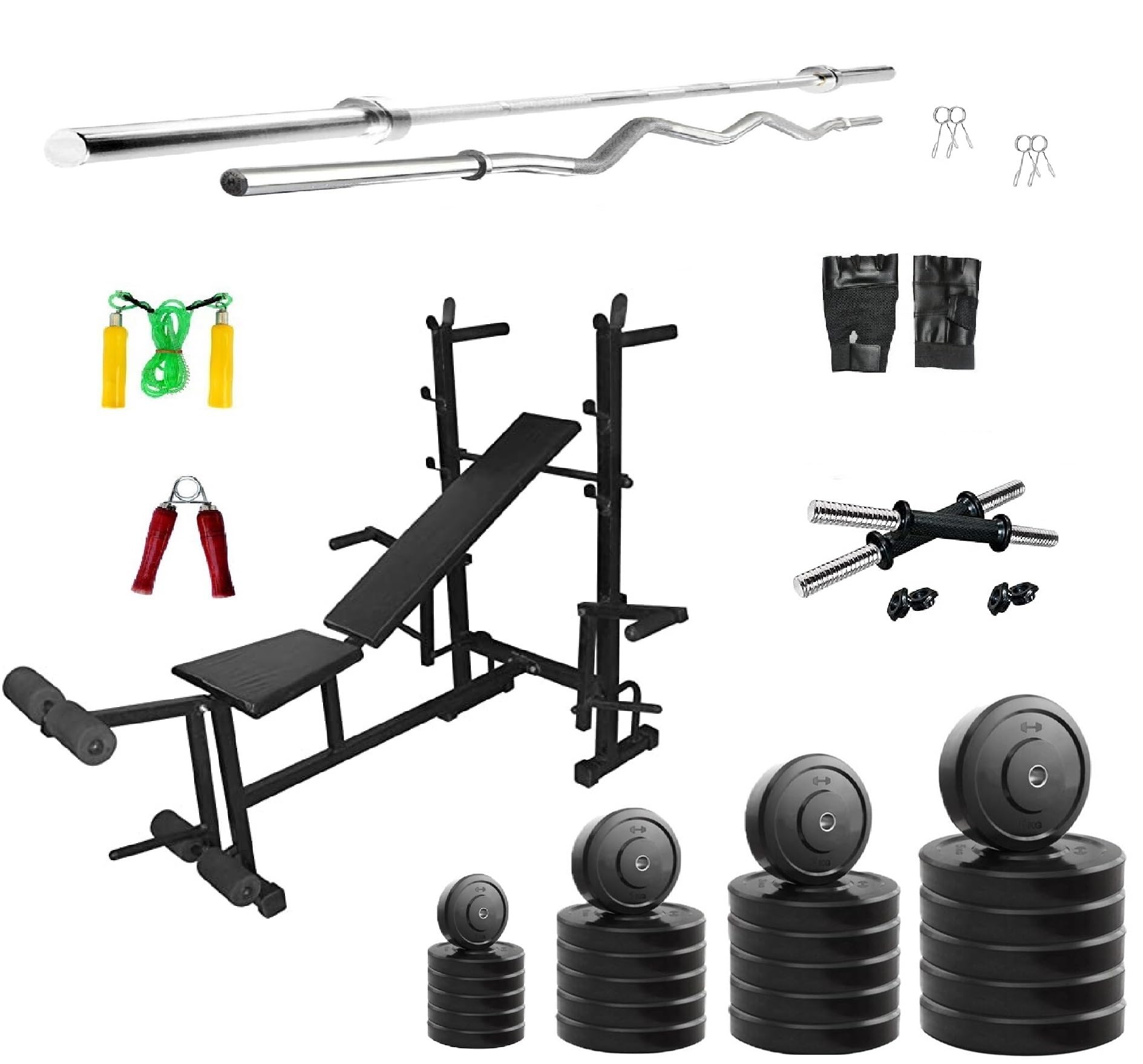 Saporigo Home Gym Combo – 100 KG Classic Rubber Plates + 8-in-1 Adjustable Multi-Bench (Black, Single Support) | Rods, Dumbbells & Full Body Workout Accessories-image-13