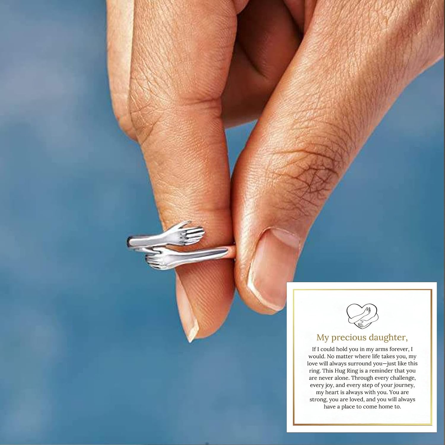 Daughter Hug Ring For Hope Rings, Inspirational Stainless Steel Engarved With Always With You Message Adjustable Non Tarnish Open Ring Jewelry Gift for Daughter Birthday Christmas - Image 4