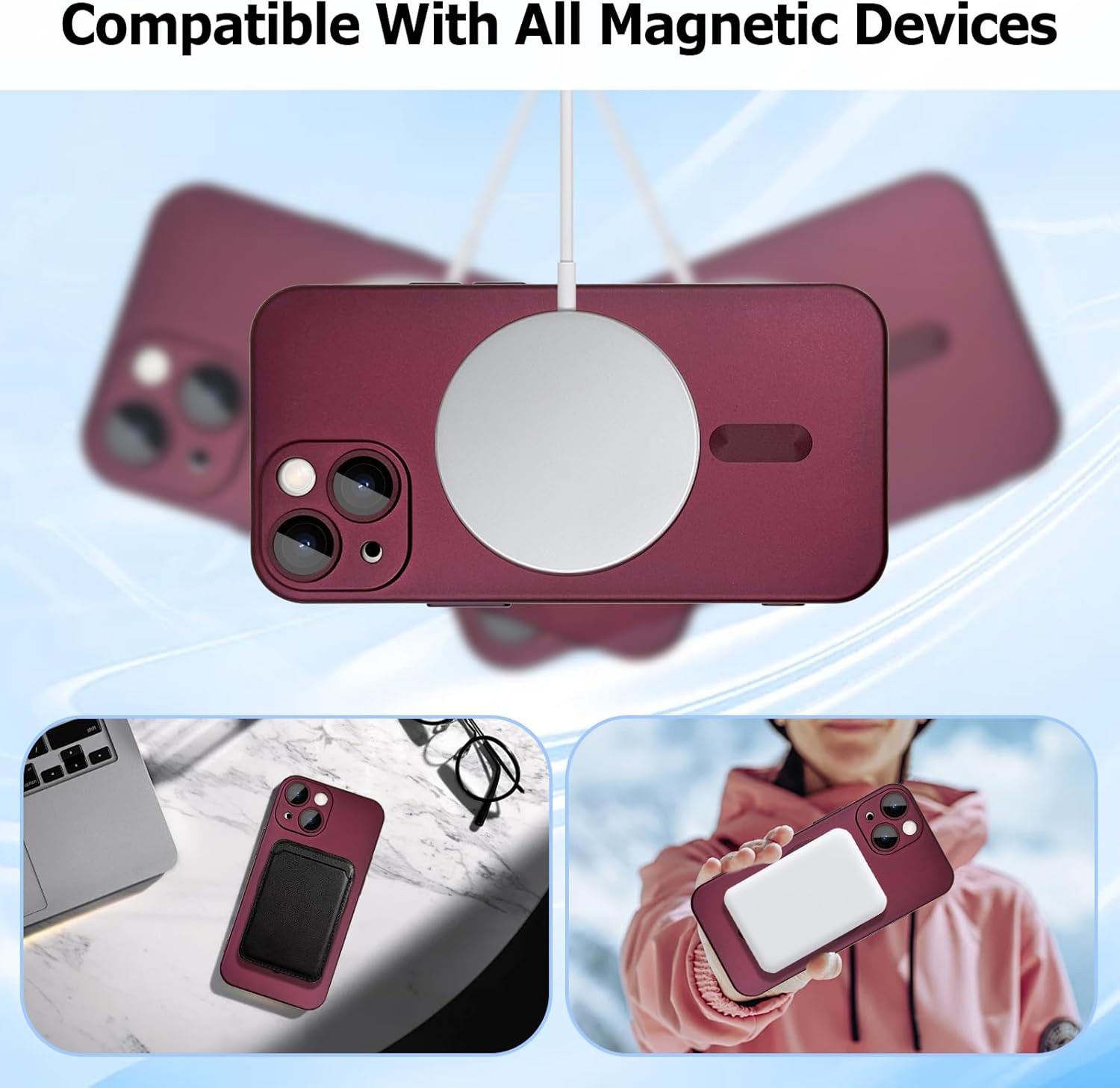Magnetic Case for iPhone 15 Phone Case for Women, Matte Luxury Soft Metallic Luster Design with Camera Lens Protector, Compatible with Magsafe Case for iPhone 15 6.1"-Red Wine - Image 2
