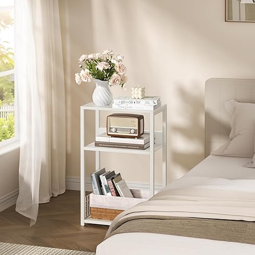 Miniatura 4 de LELELINKY Mesa auxiliar blanca, soporte de impresora pequeño con estante de almacenamiento, mesitas de noche industriales de 3 niveles, soporte para