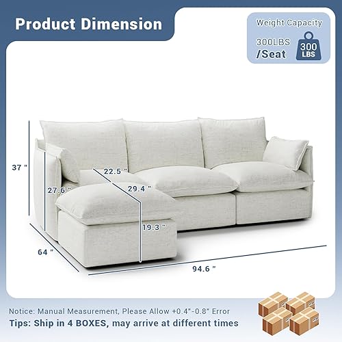 Miniatura 2 de 94.6" Cloud Modular Sectional Sofa, Waterproof Down Filled Sectional Sofas, High Backrest L Shaped 3 Seater Sectional Couches with Ottoman, Modular