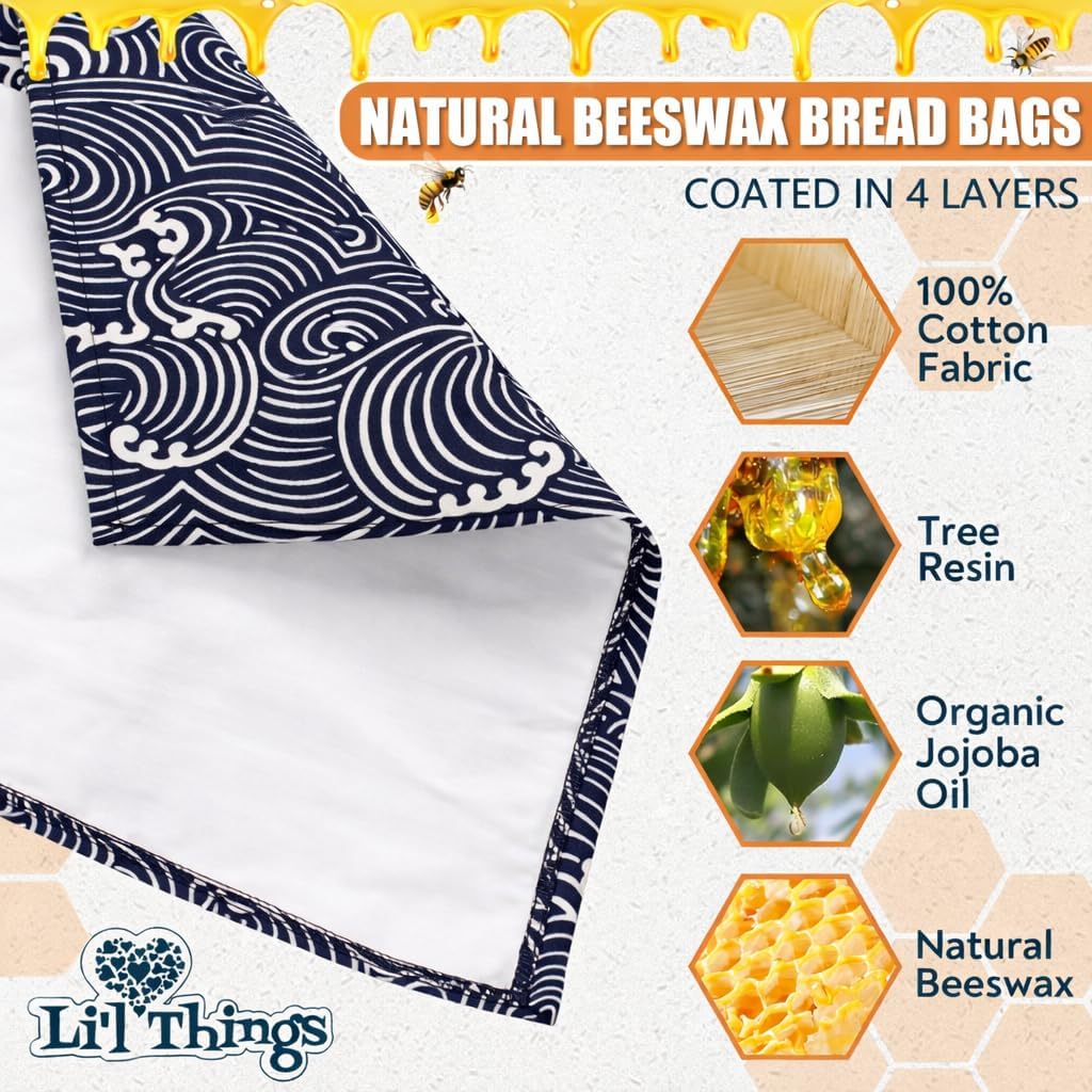 Sourdough Bread Bag – Reusable Beeswax Bread Storage Bags 2.0 (2 Sizes) for Homemade & Artisan Loaves, Cotton-Lined Bread Keeper, Plastic-Free Kitchen Storage - Japanese Araumi Waves)