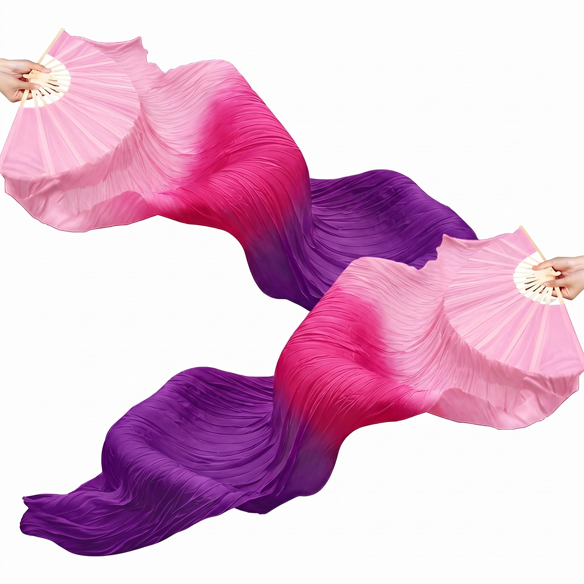 YDAKGUEY 1 Pair 1.5 M Silk Belly Dance Fan, National Dance Dancing Long Bamboo Fan for Party Stage Performance, Dancer Practice Long Imitation Dance, for Dancer's Gifts (Pinkish Purple)
