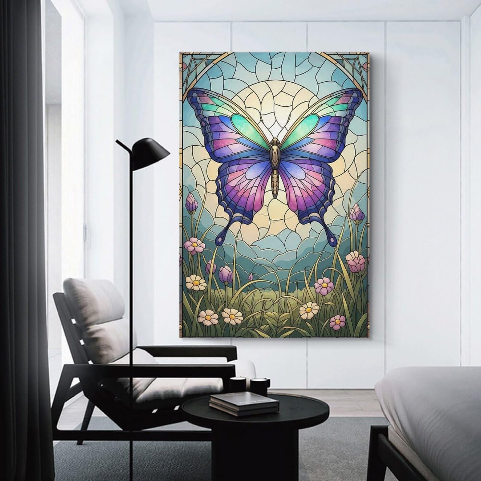 Junmoney Unframe-Style-5 Stained Glass Butterfly In Floral Meadow Wall Picture Print, 24X36inch(60X90cm), For Wall Displays, Bedrooms Or Room Updates, Decorative Artwork With Flexible Styling