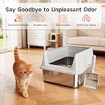 Stainless Steel Cat Litter Box, Odor Free Metal Litter Box with High Sides Lid, Open Top Low Entry Litter Pan Include Scoop Easy Cleaning Anti-Scratch Kitty Cat Box Anti-Urine Leakage, Non-Sticky | High Sides Lid Open Top Low Entry Litter Pan Easy Cl