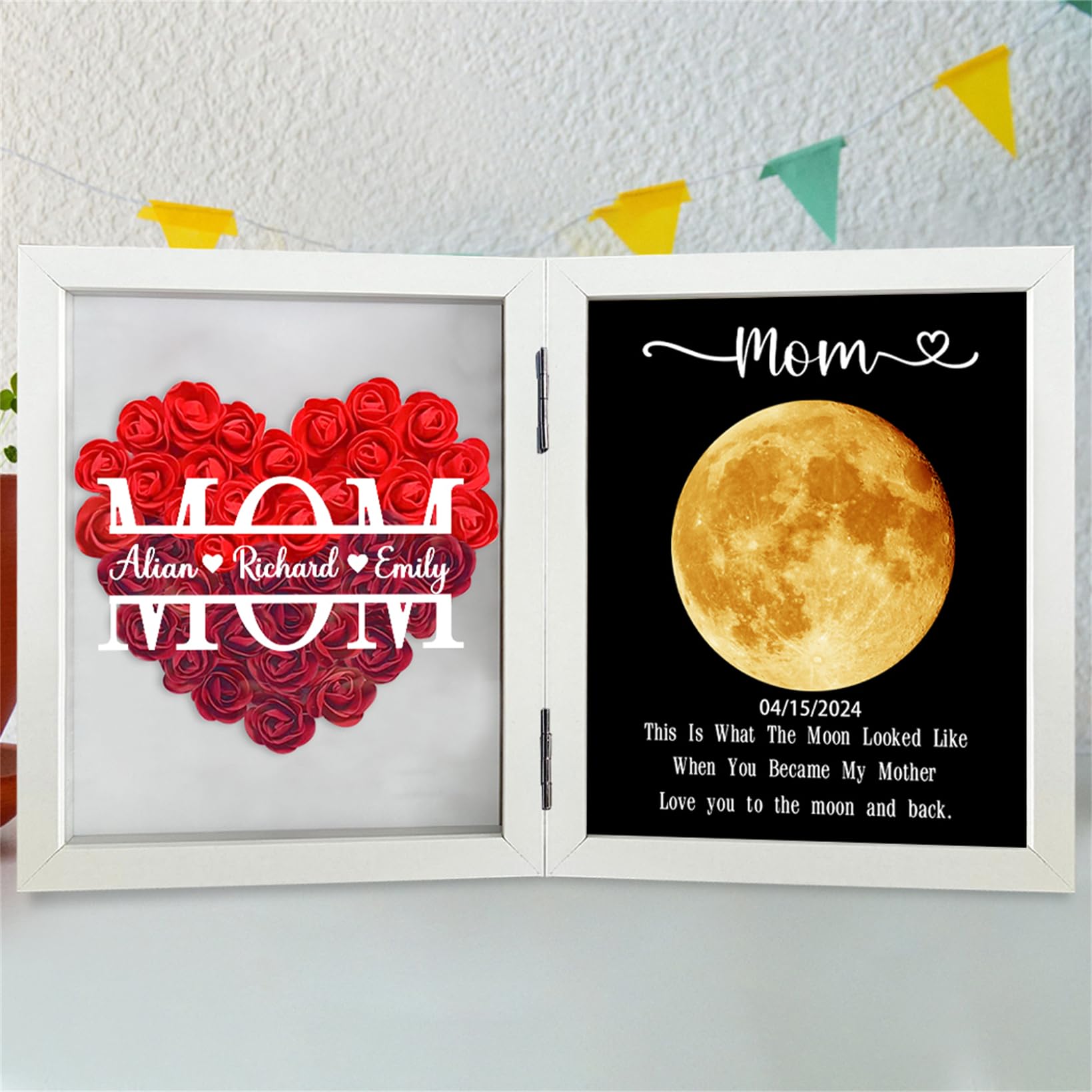 Marco de fotos personalizado de fase lunar con nombre, cumpleaños, día de la madre, rosa, flores, sombra, marco de arte de fase lunar, decoración de pared de fase lunar real para mamá,