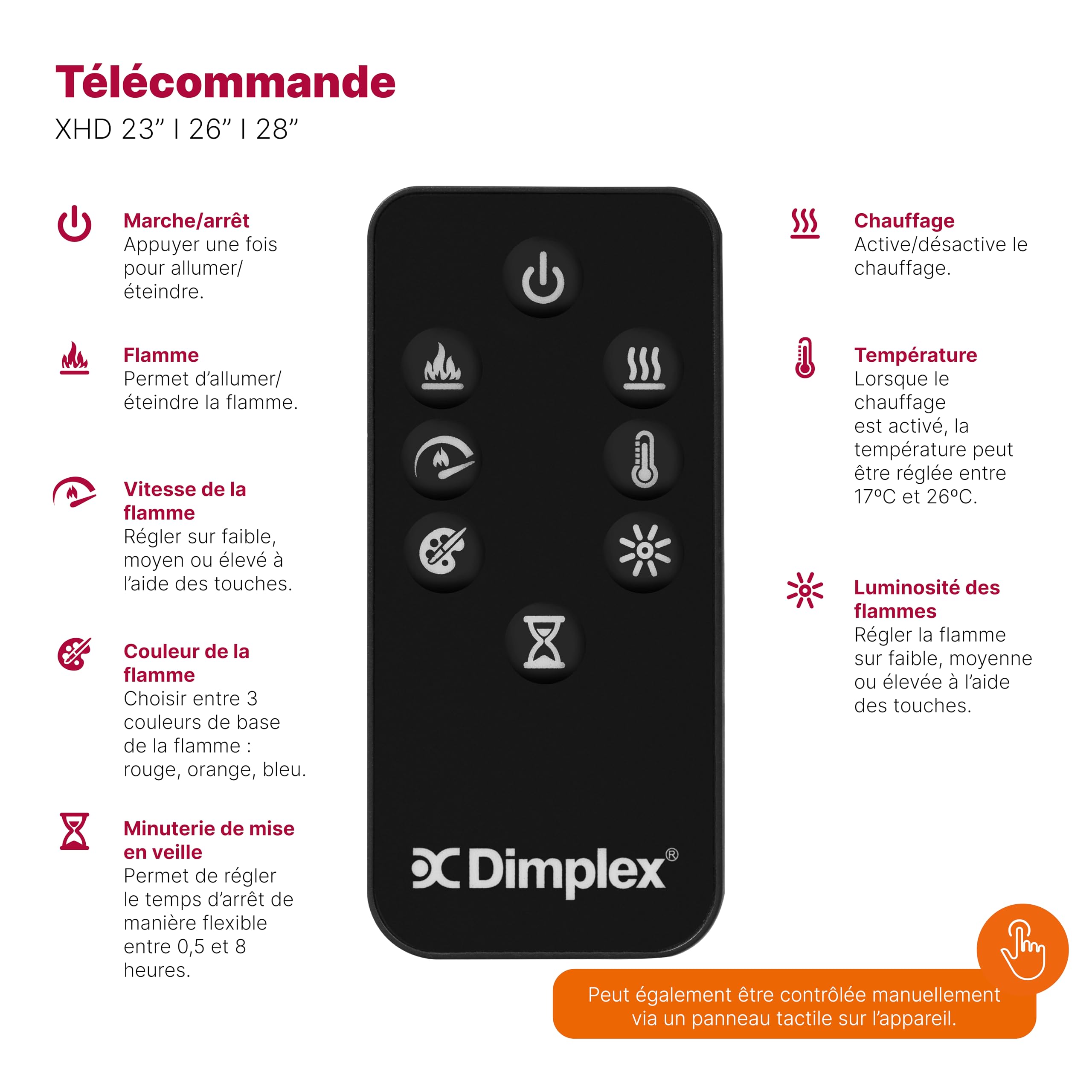 Dimplex Cheminée électrique XHD 23'' / 58 cm – Cheminée Murale avec Chauffage – 1400W – Effet de Flamme LED Optiflame – Chauffage activable – Télécommande Incluse