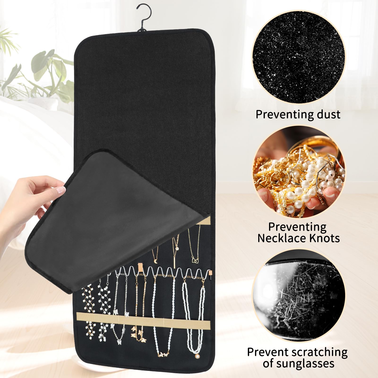 Hanging Jewelry Organizer per Armadio - collana Earring Holder Organizer con coperchio antipolvere e gancio rotante in metallo - Jewelry Storage Display Stand 1 pezzo, grande, nero