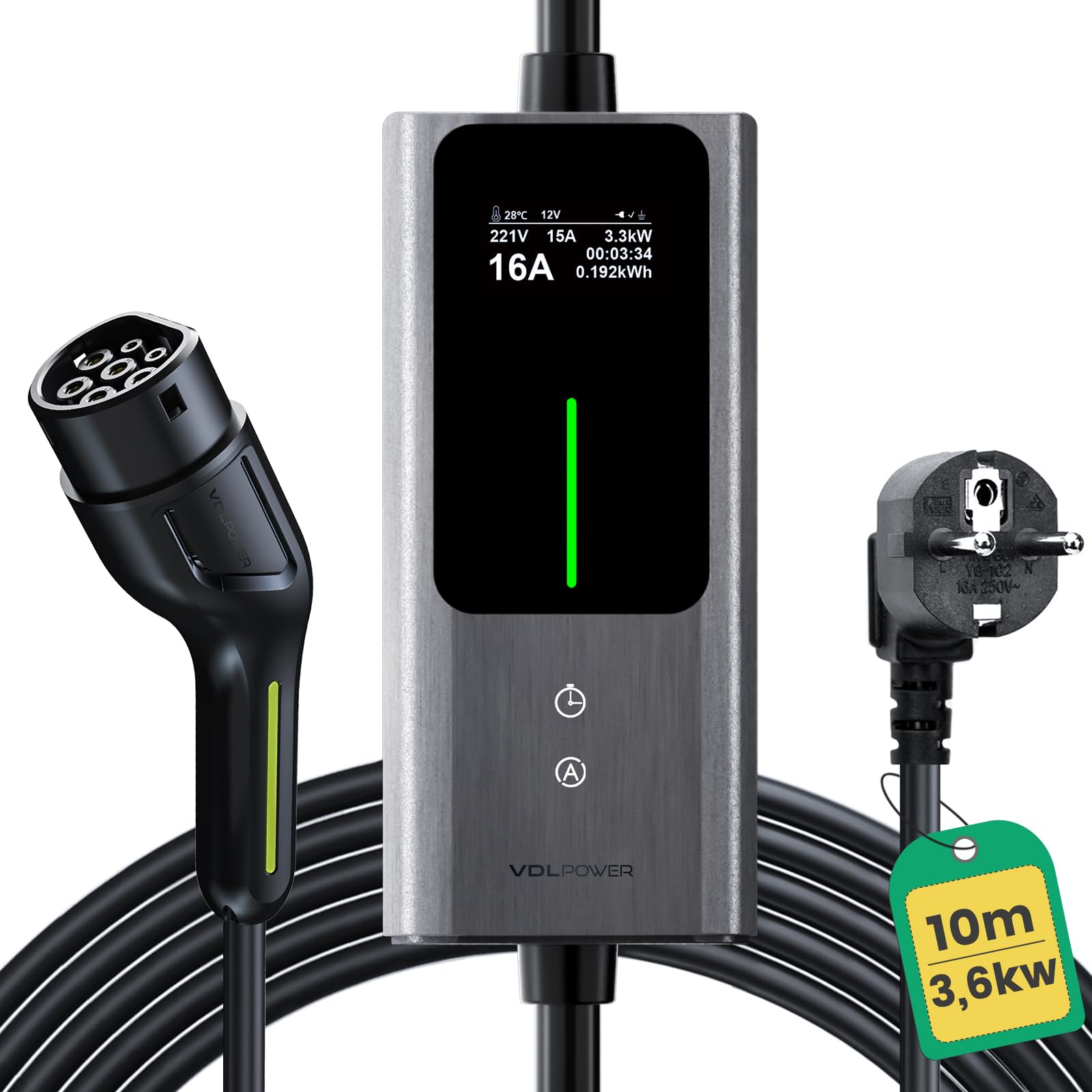 Cargador Coche Eléctrico Tipo 2 | 3,68kW | 6-16A | 10M Cargado EV Portátil, Cargador Vehiculo Electrico de Corriente Ajustable con antalla Digital, IP65, IEC 62196-2