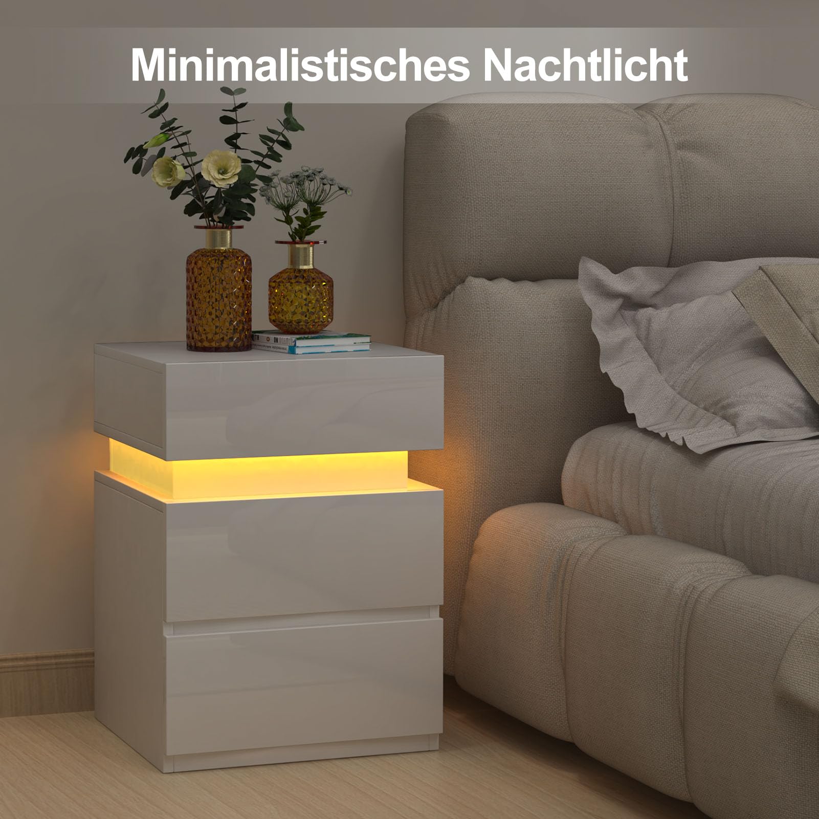 Comodino Moderno Con Luci LED RGB 16 Colori, 3 Cassetti, Bianco Lucido 35x40x55cm