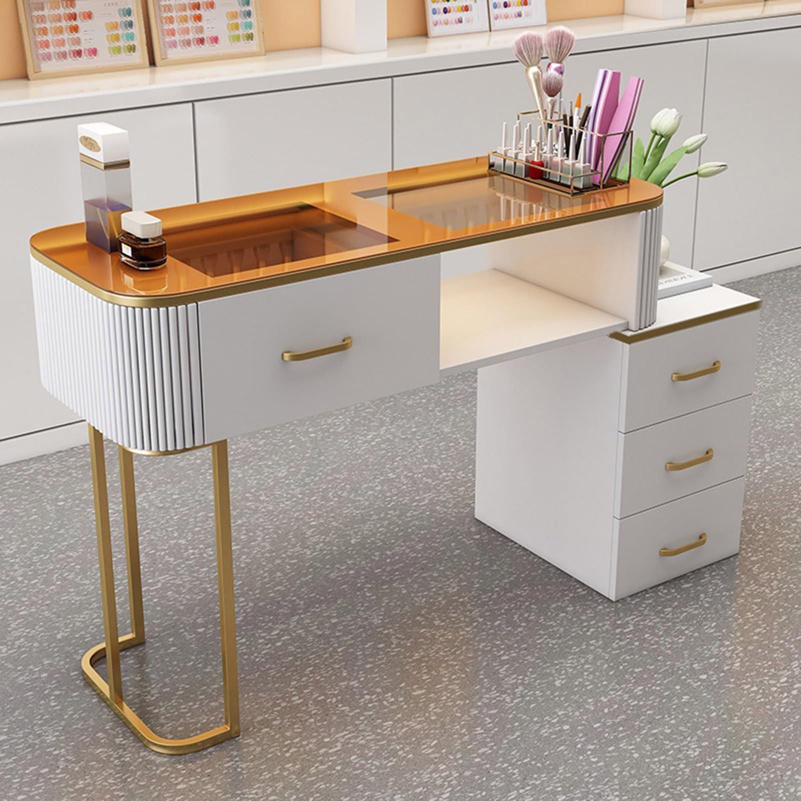 Nageltechniker-Schreibtisch Maniküretisch, Professioneller Nageltechniker-Tisch Nagel- und Schönheitsarbeitsplatz Nageltisch aus Holz für Salon und Spa Mit 3-lagigem Aufbewahrungsschrank